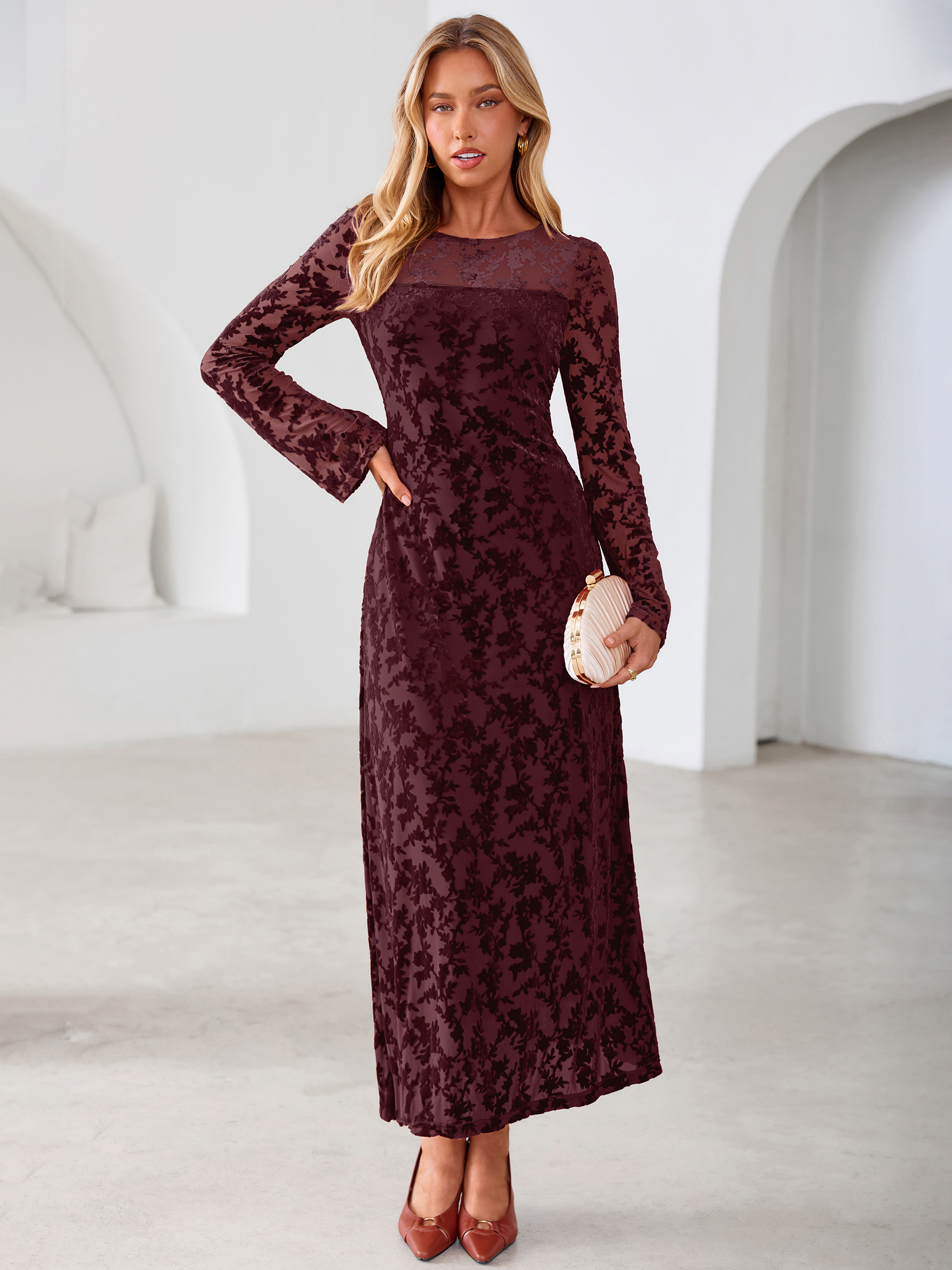 Floral Burnout Velvet Mesh Long Sleeve Maxi Dress - Wine Red