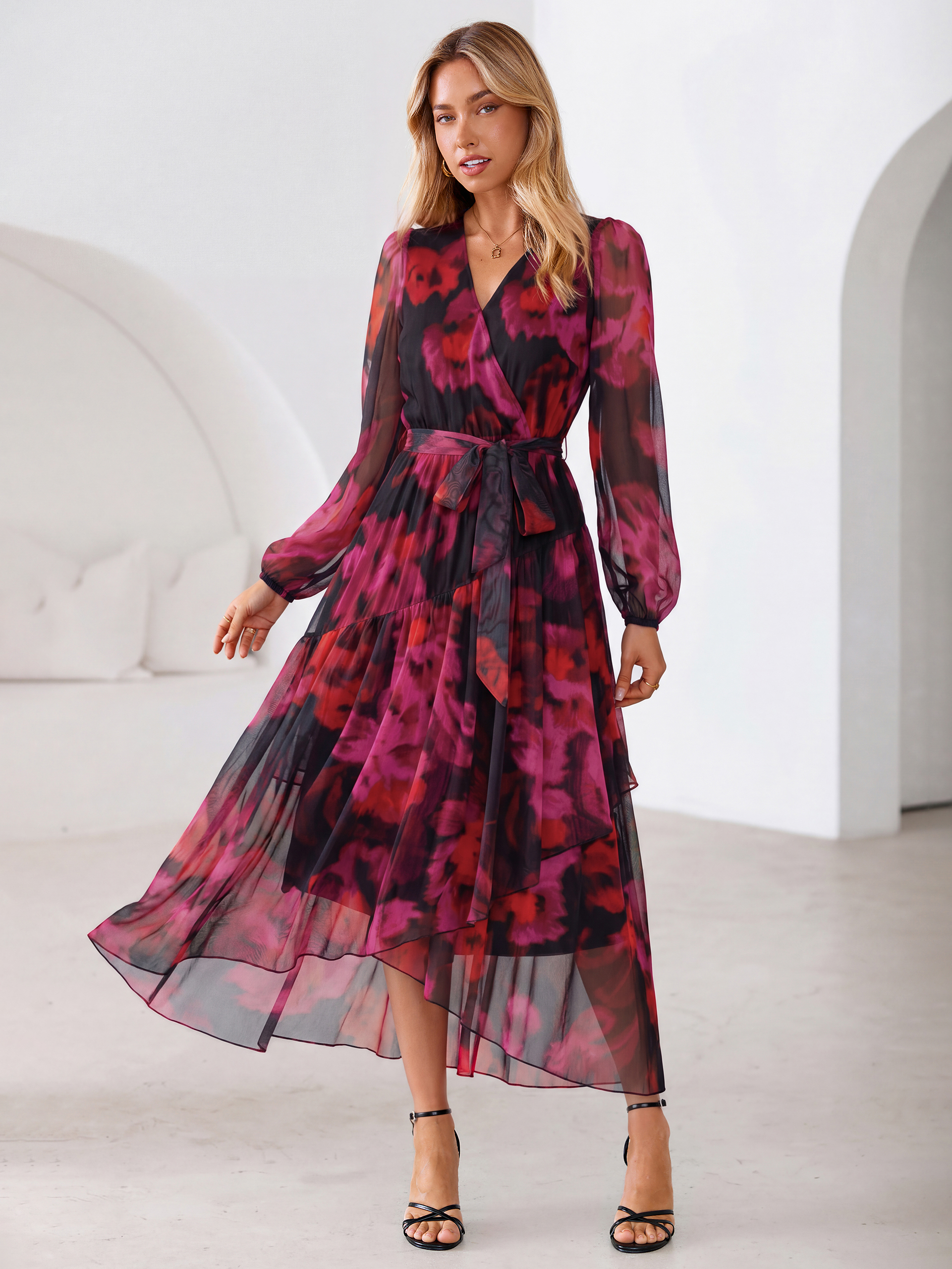 Floral Tulle Faux Wrap Long Sleeve Maxi Dress