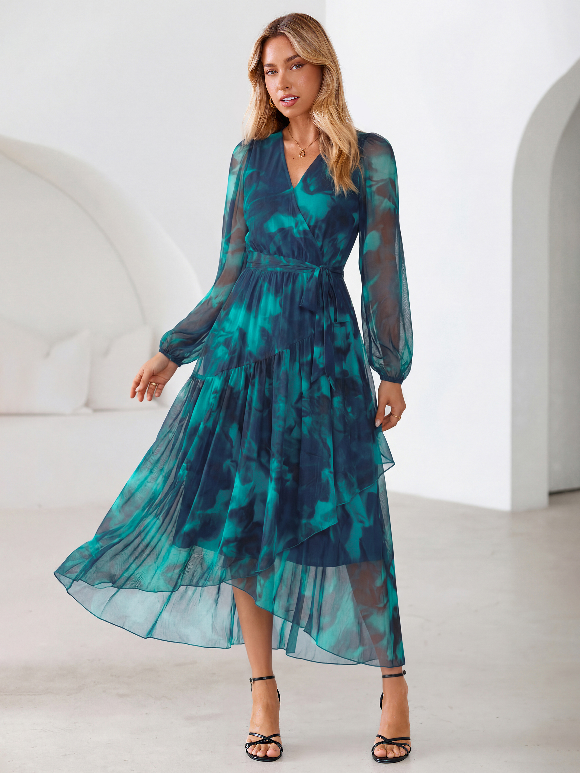 Floral Tulle Faux Wrap Long Sleeve Maxi Dress
