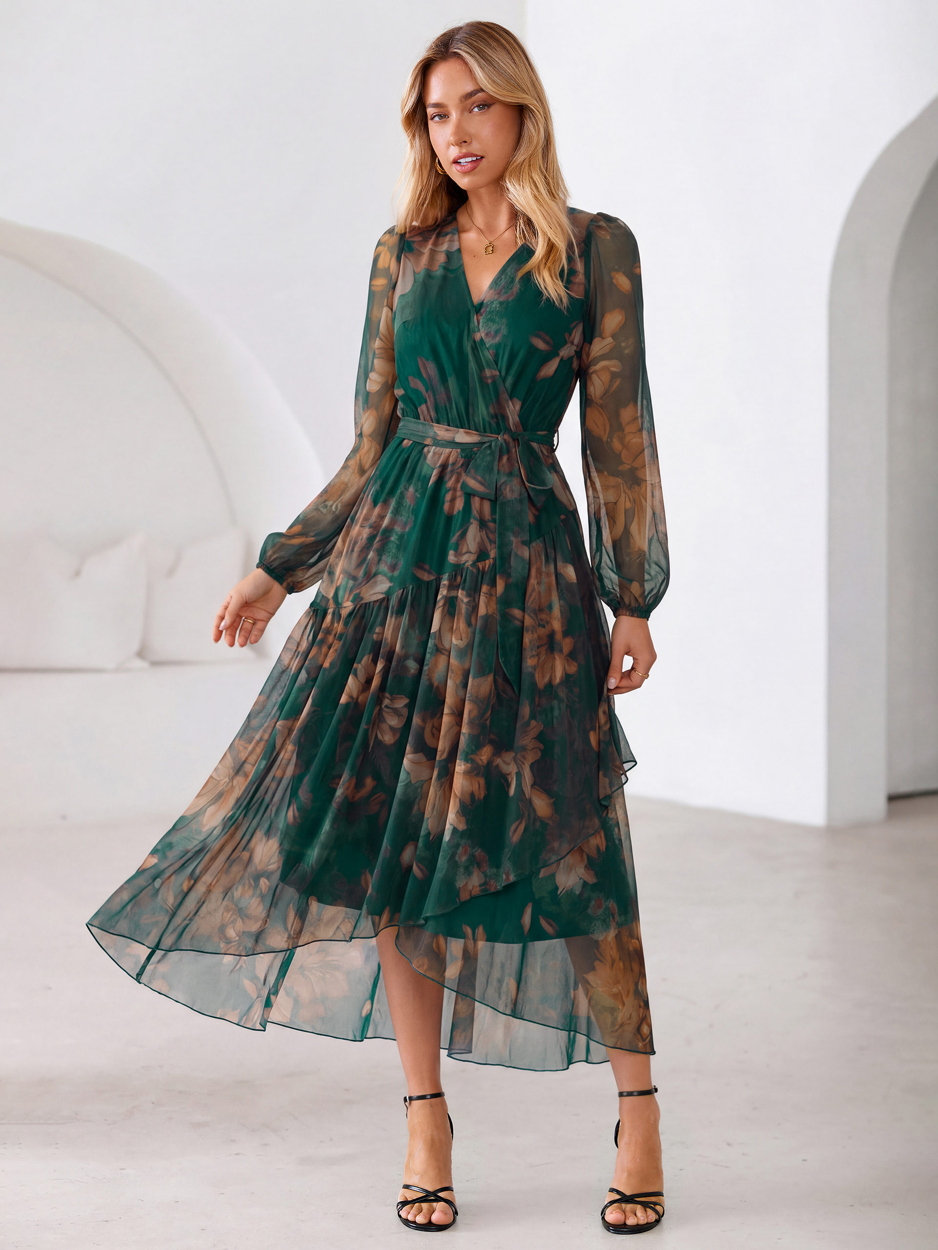 Floral Tulle Faux Wrap Long Sleeve Maxi Dress