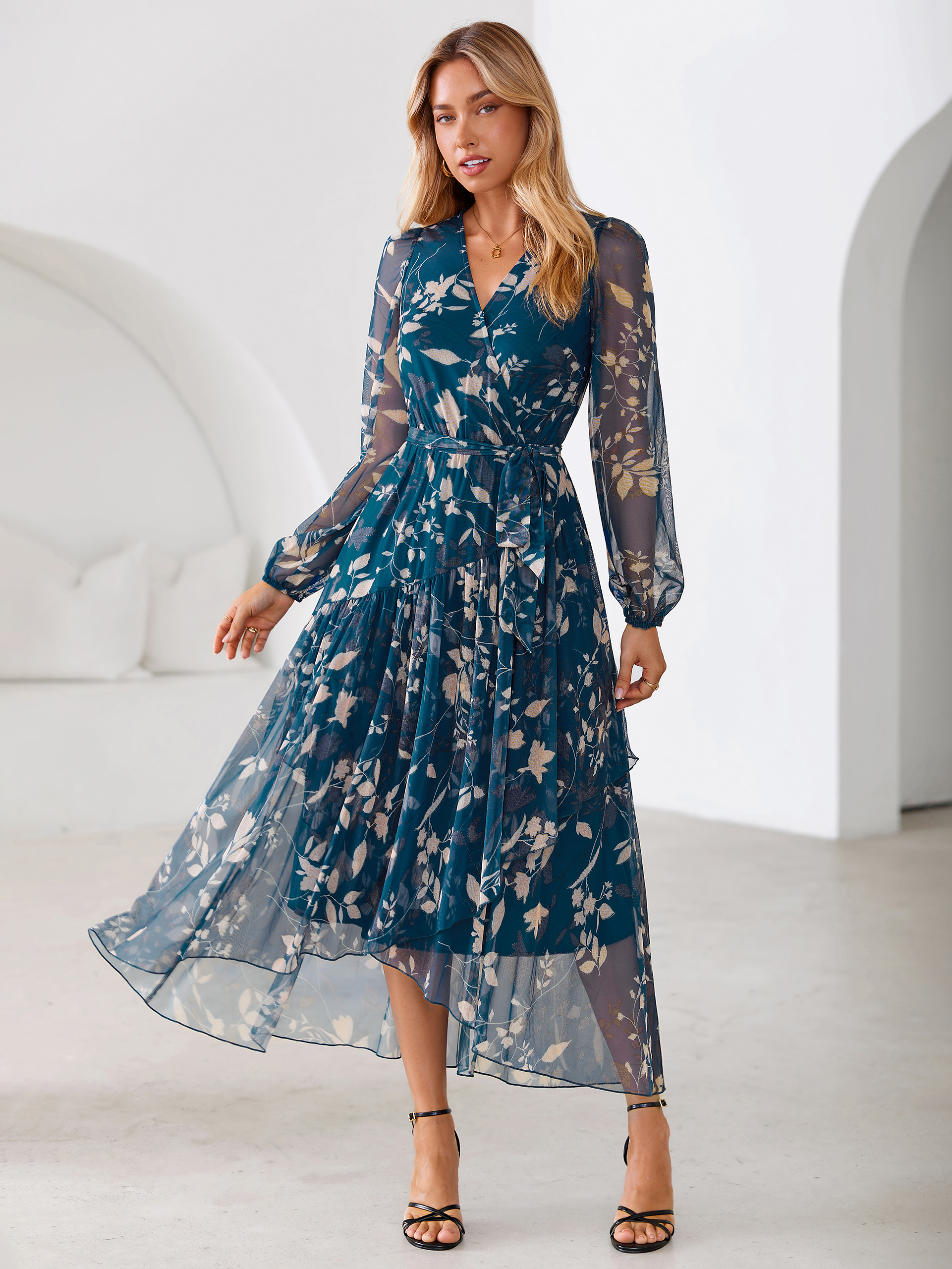 Floral Tulle Faux Wrap Long Sleeve Maxi Dress