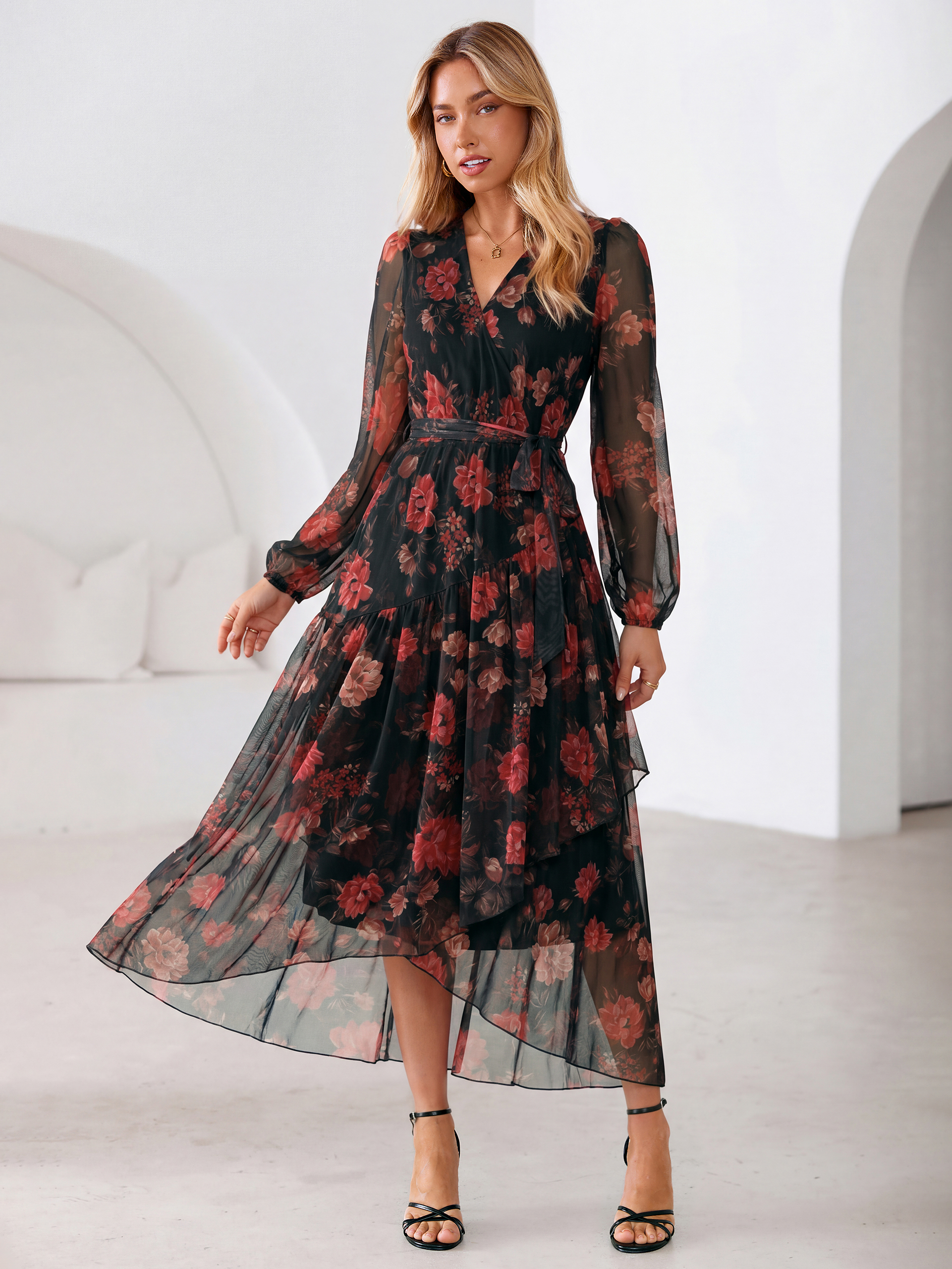 Floral Tulle Faux Wrap Long Sleeve Maxi Dress