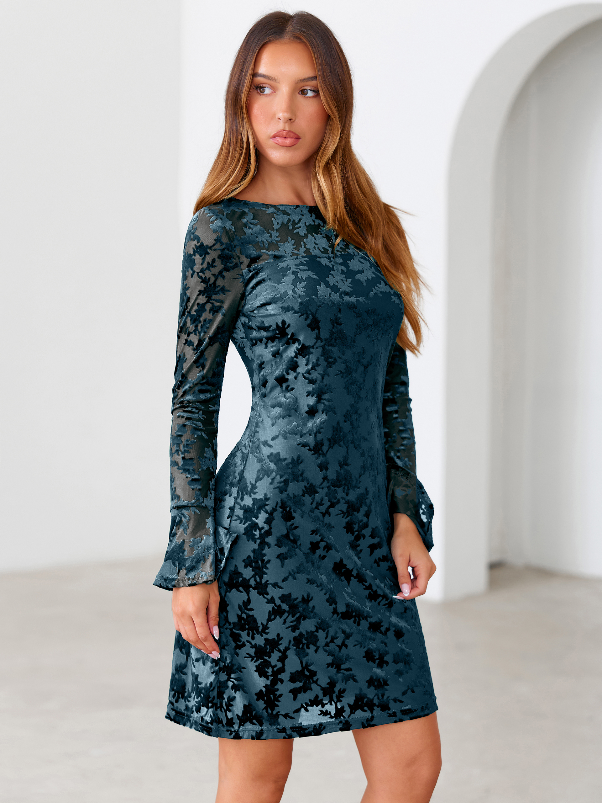 Floral Burnout Velvet Flare Sleeve Sheath Mini Dress