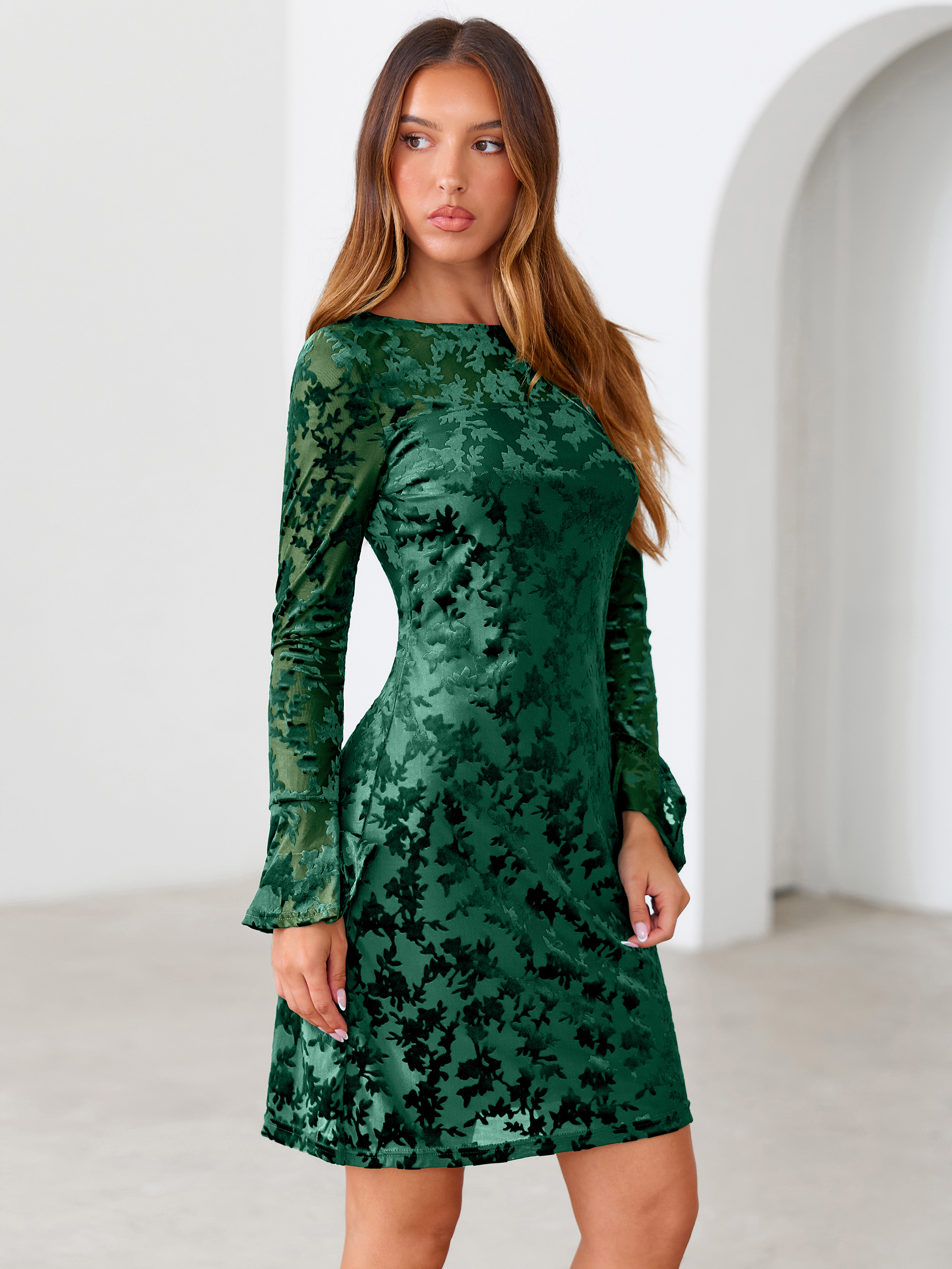 Floral Burnout Velvet Flare Sleeve Sheath Mini Dress