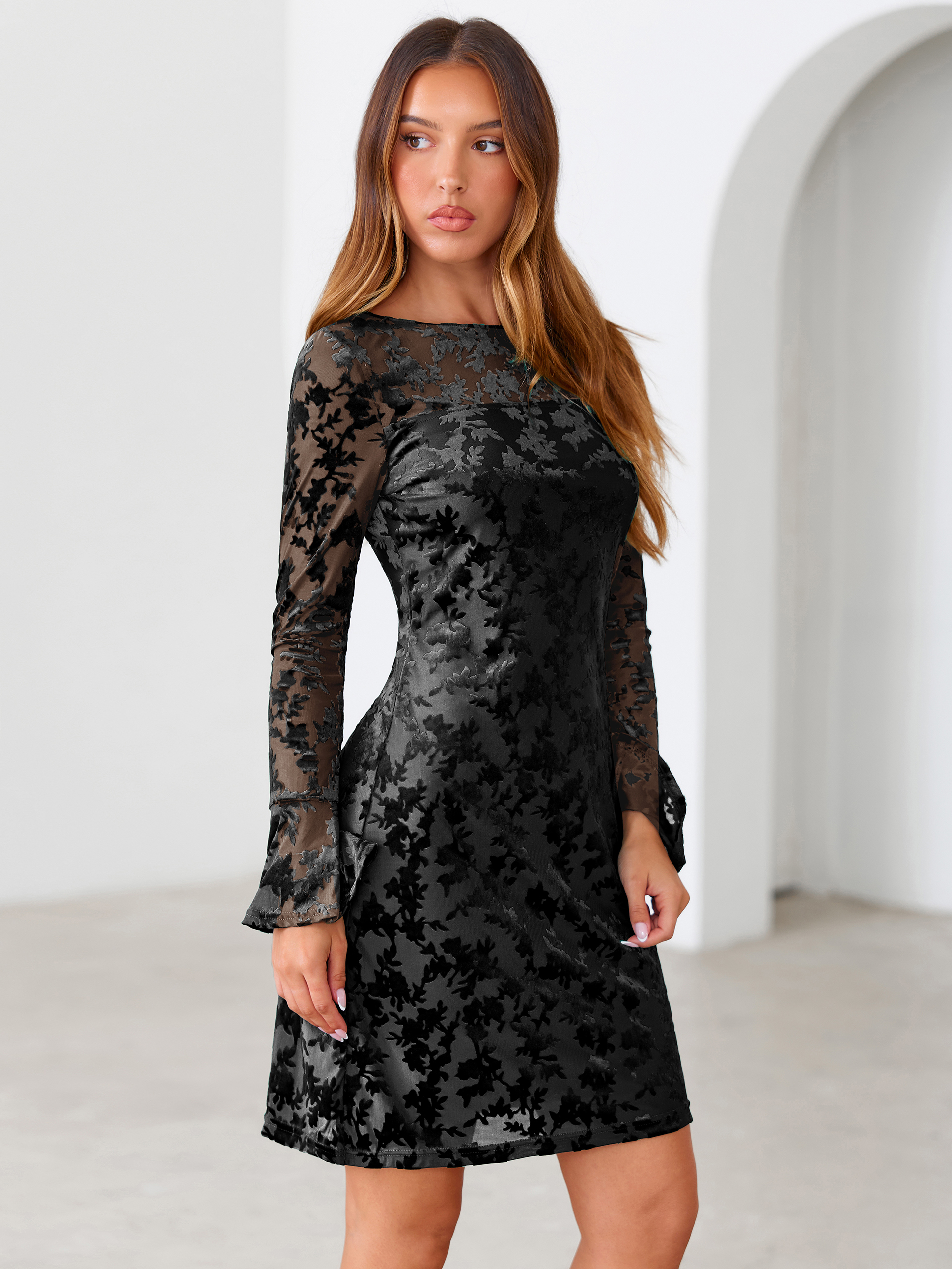 Floral Burnout Velvet Flare Sleeve Sheath Mini Dress