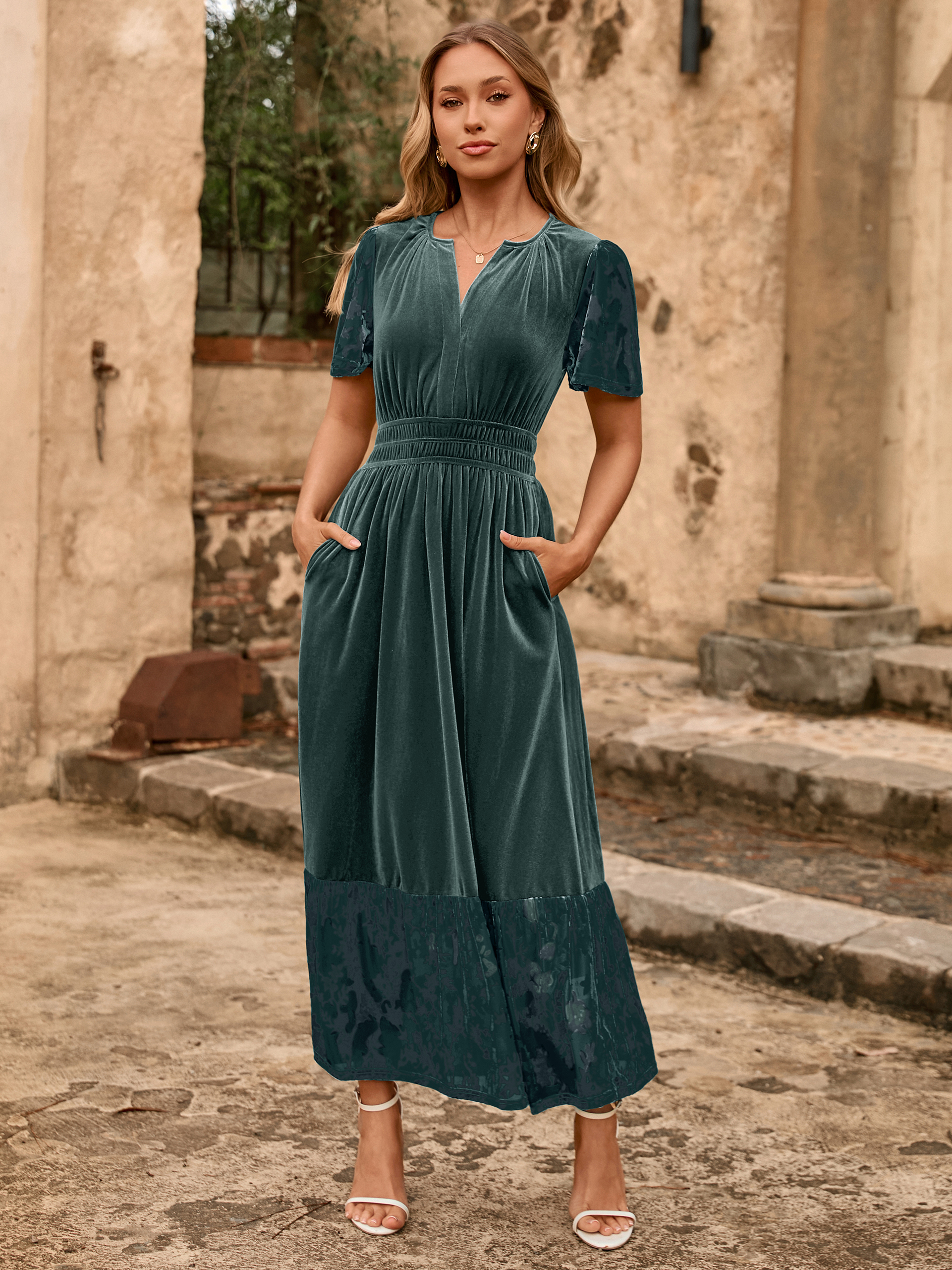 Velvet Floral Burnout V Neck Maxi Dress - Dusty Blue