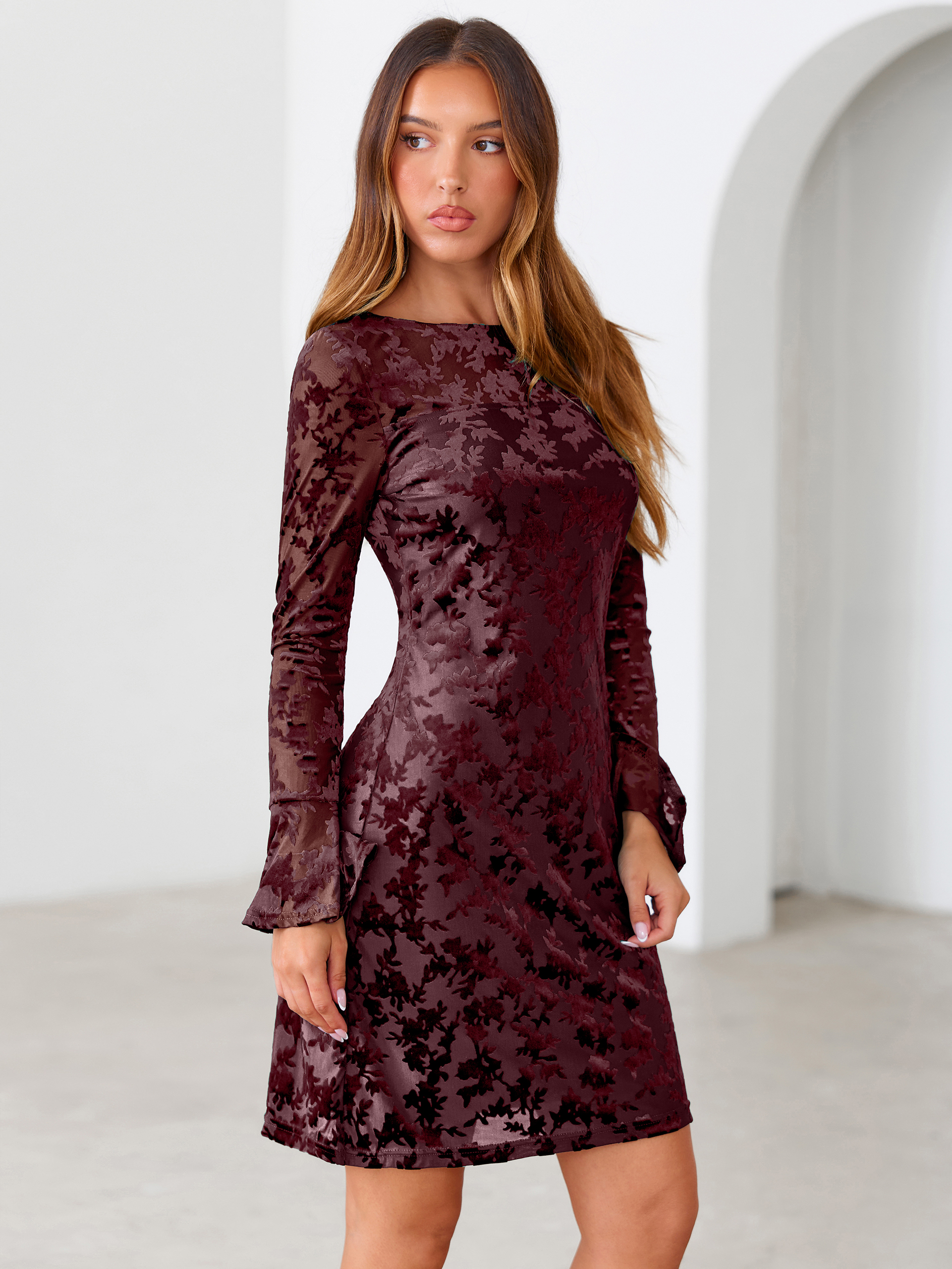 Floral Burnout Velvet Flare Sleeve Sheath Mini Dress