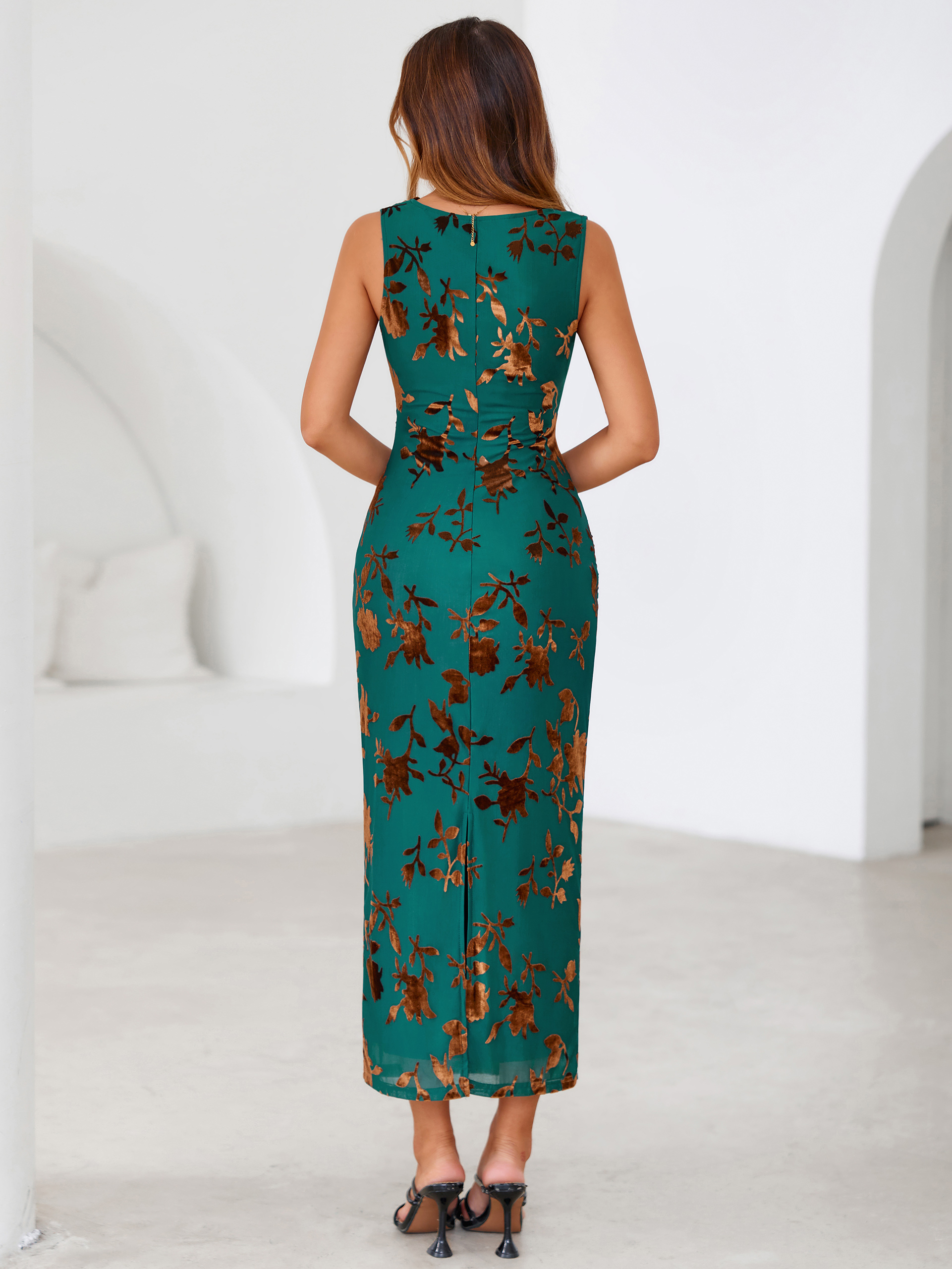 Flocked Floral Mesh Cowl Neck Ruched Maxi Dress