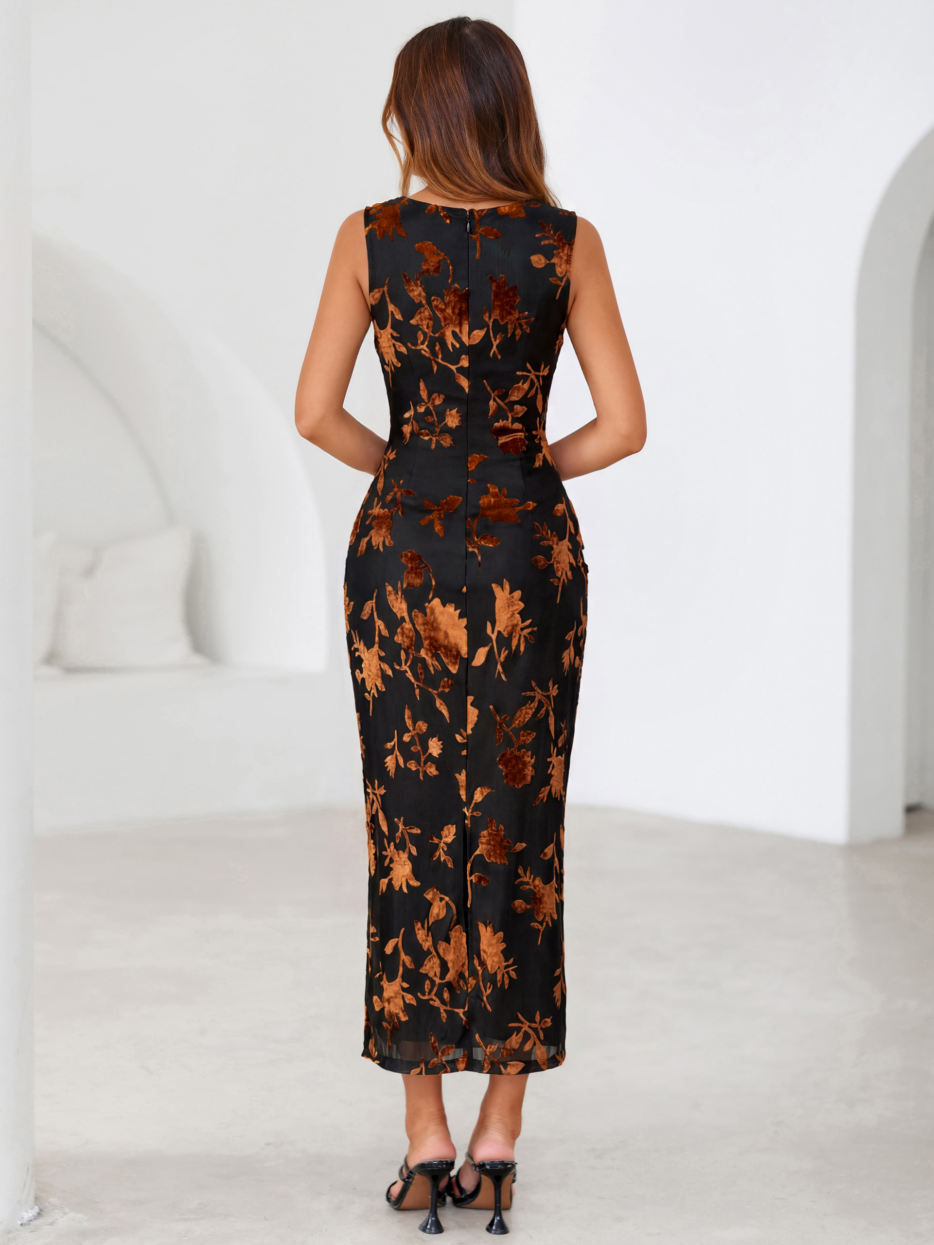 Flocked Floral Mesh Cowl Neck Ruched Maxi Dress
