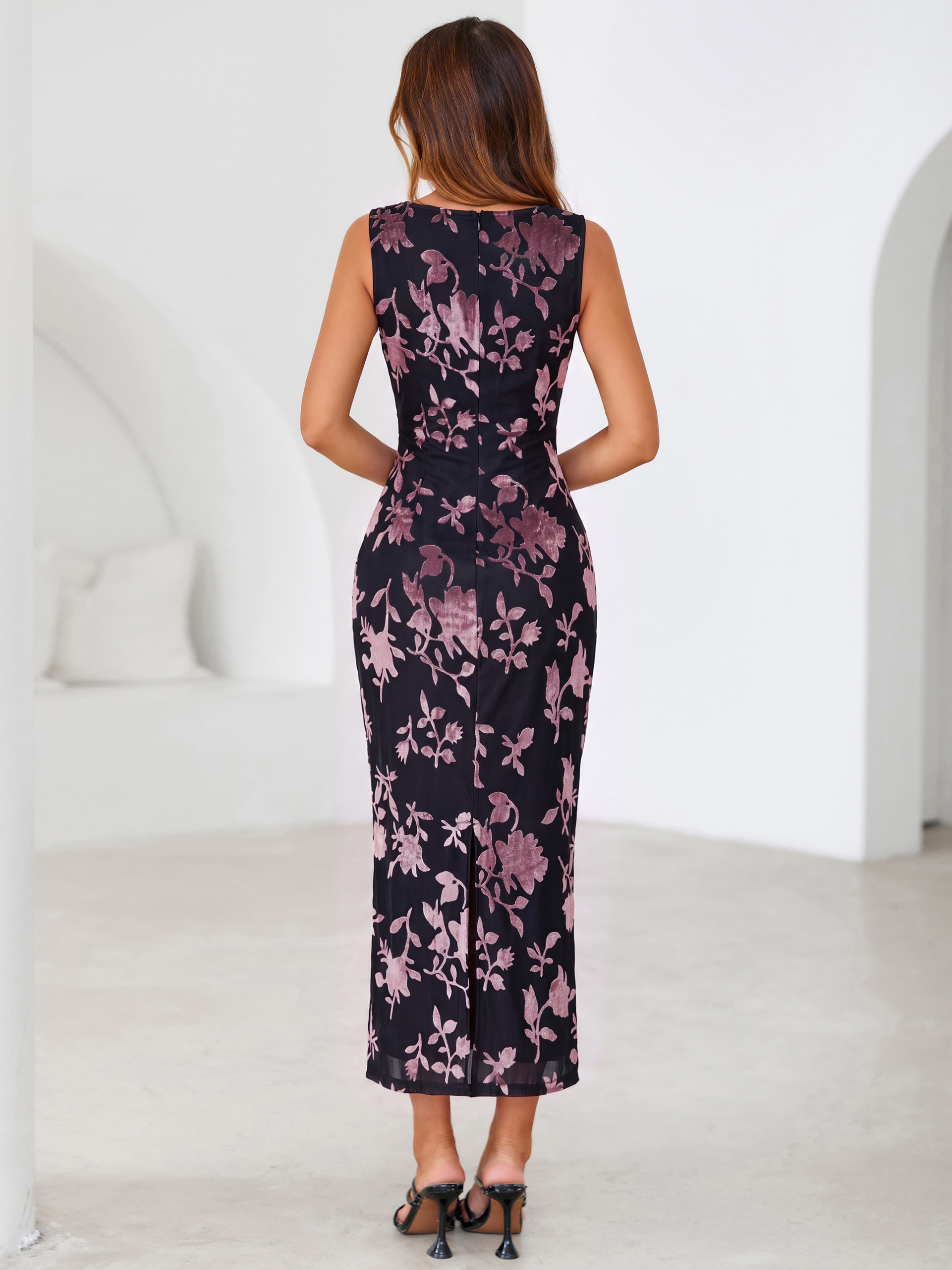 Flocked Floral Mesh Cowl Neck Ruched Maxi Dress