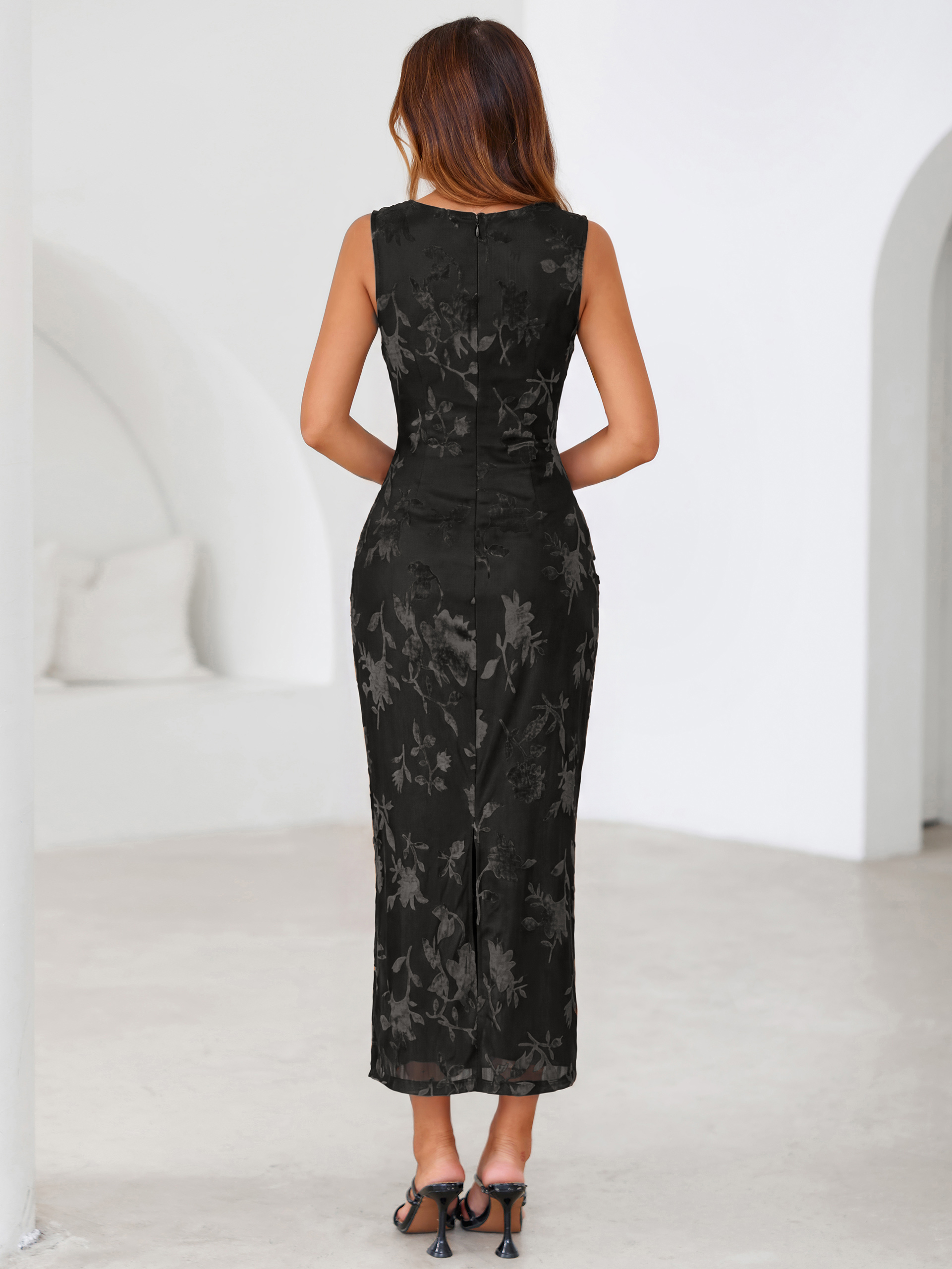 Flocked Floral Mesh Cowl Neck Ruched Maxi Dress