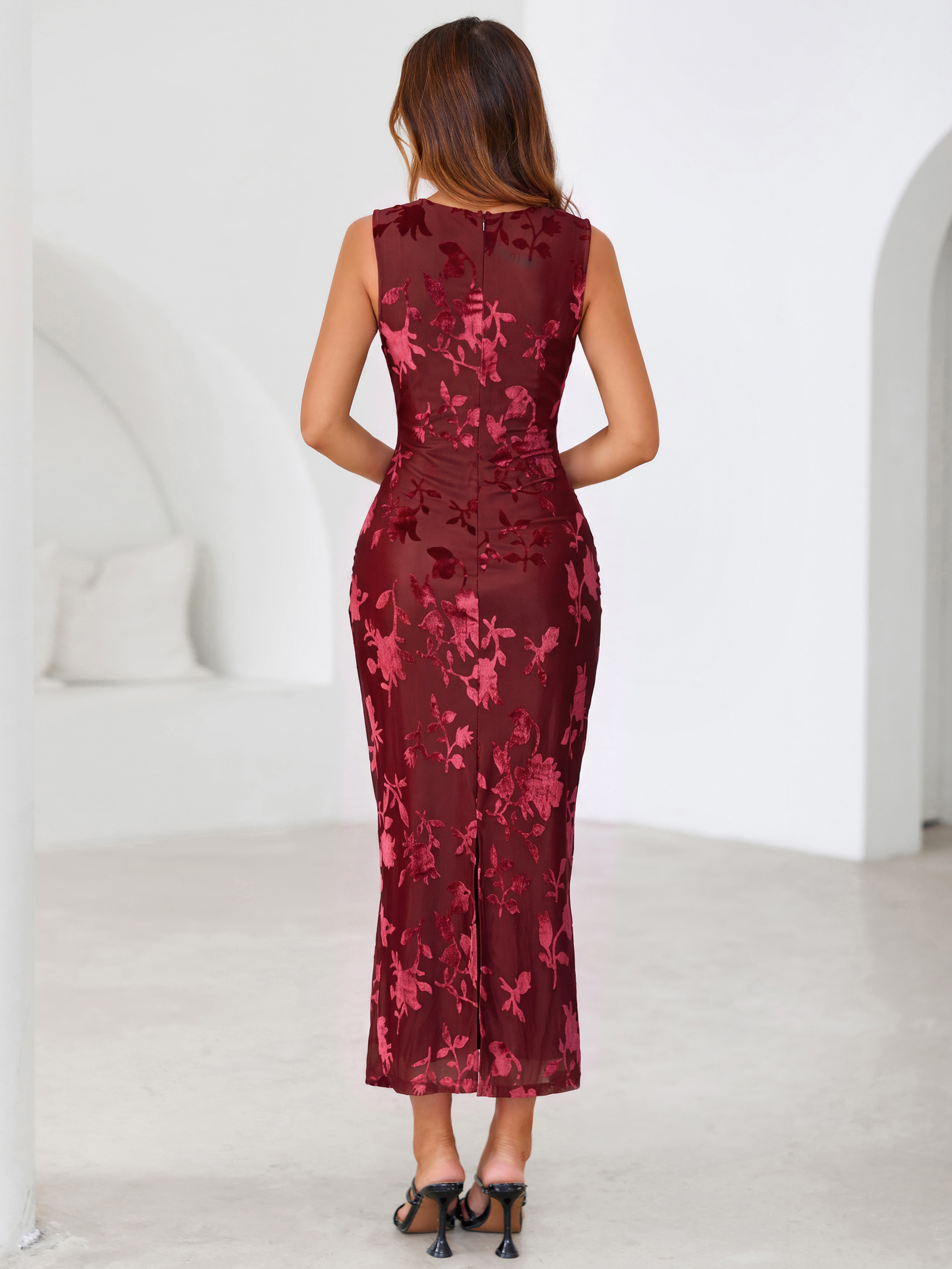 Flocked Floral Mesh Cowl Neck Ruched Maxi Dress