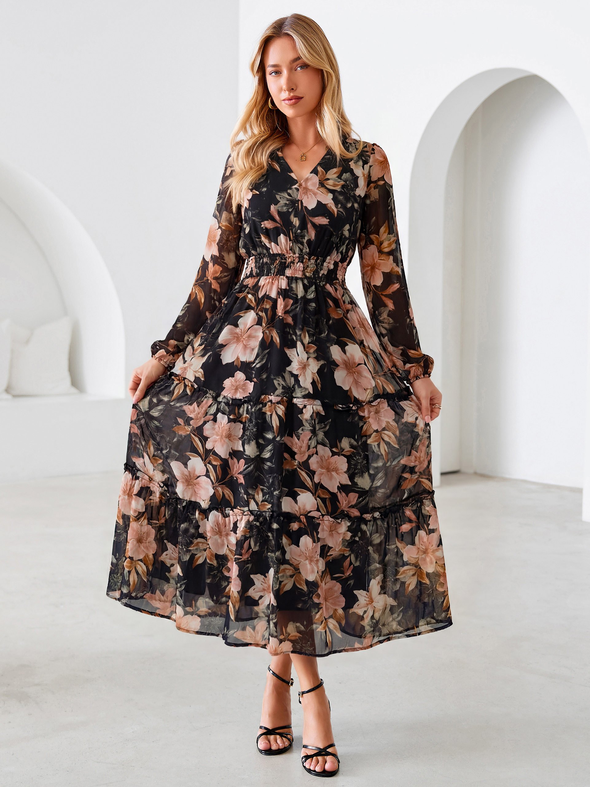 Floral Chiffon Button V Neck Tiered Maxi Dress