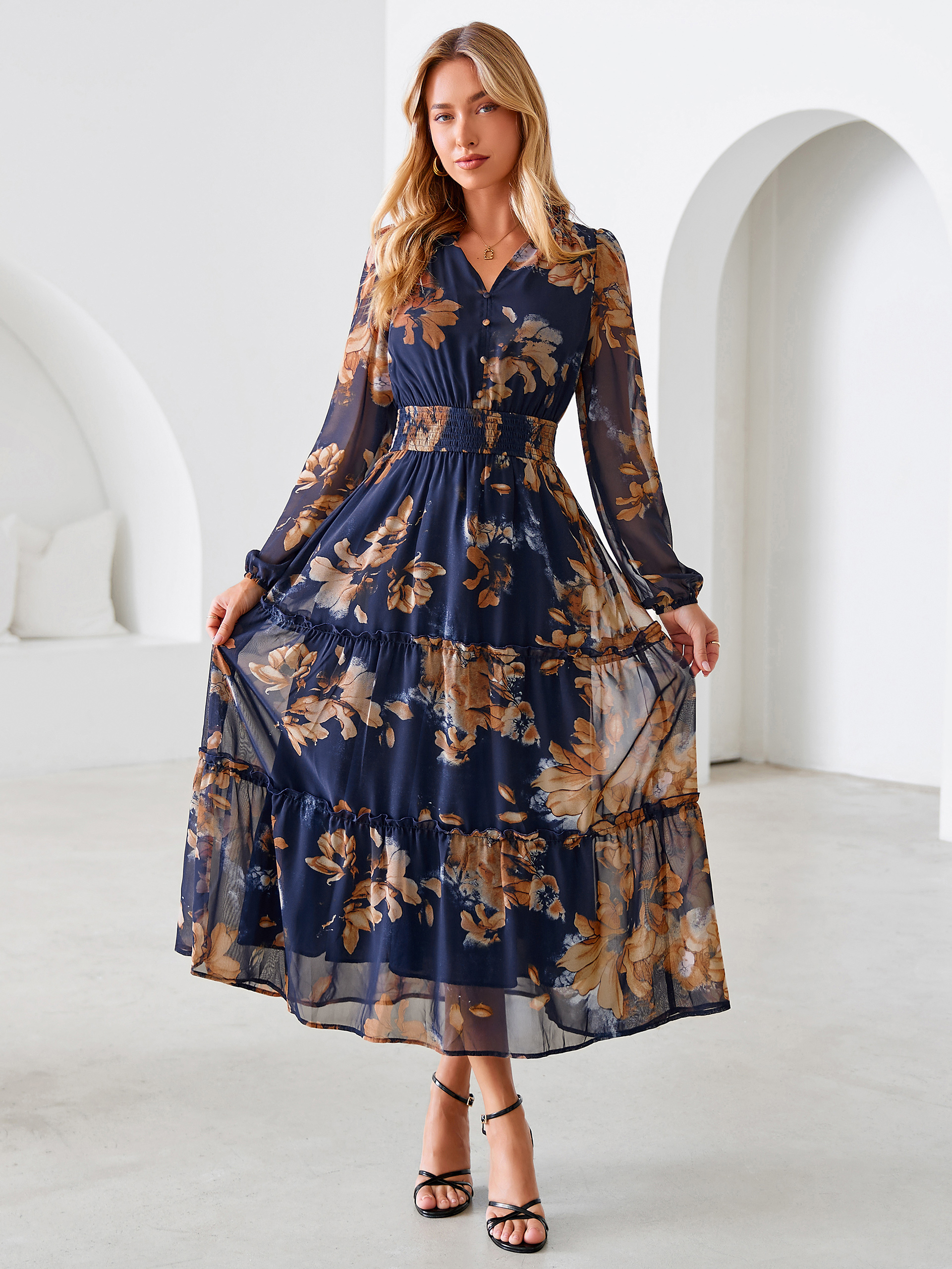 Floral Chiffon Button V Neck Tiered Maxi Dress