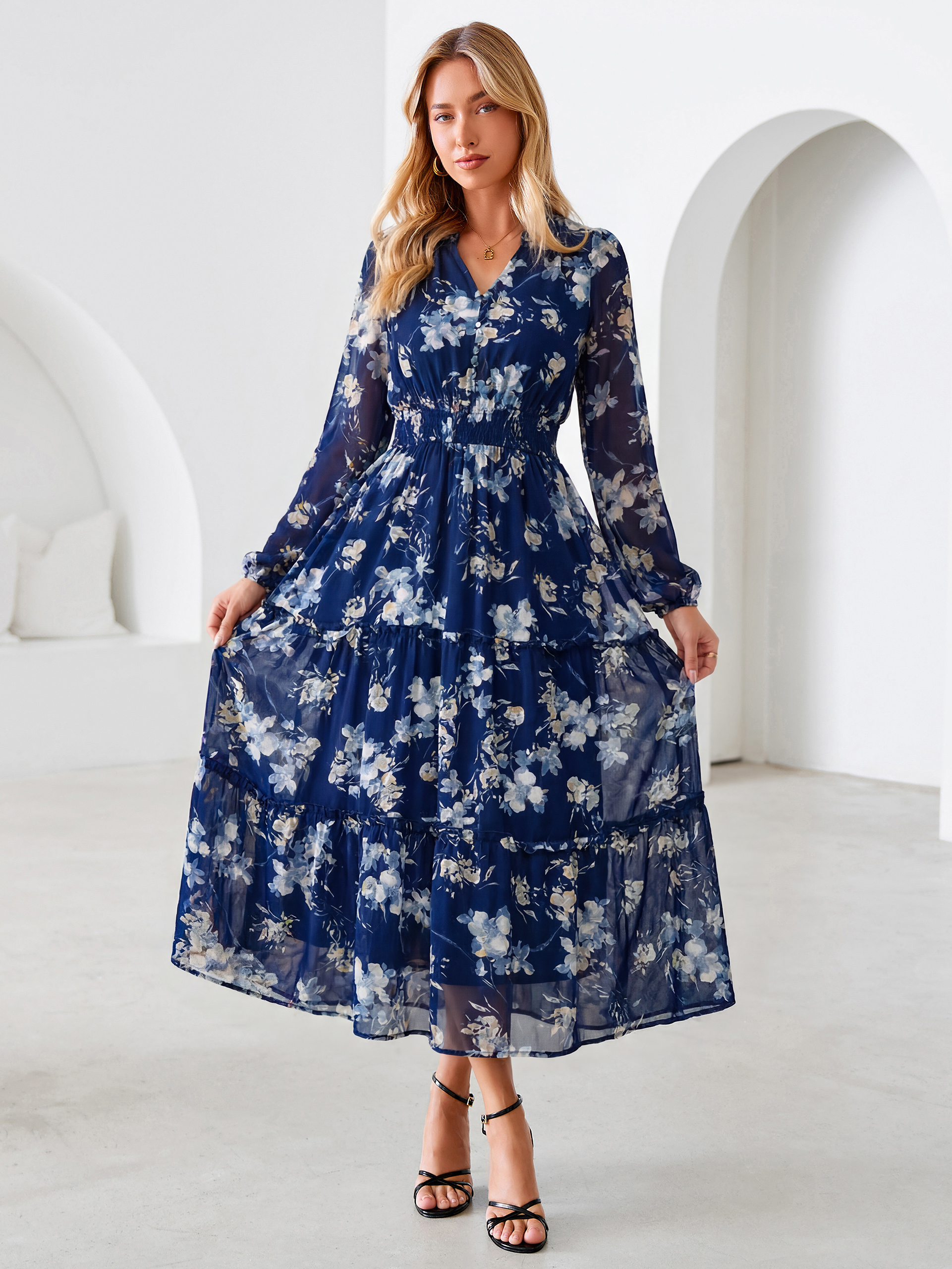 Floral Chiffon Button V Neck Tiered Maxi Dress