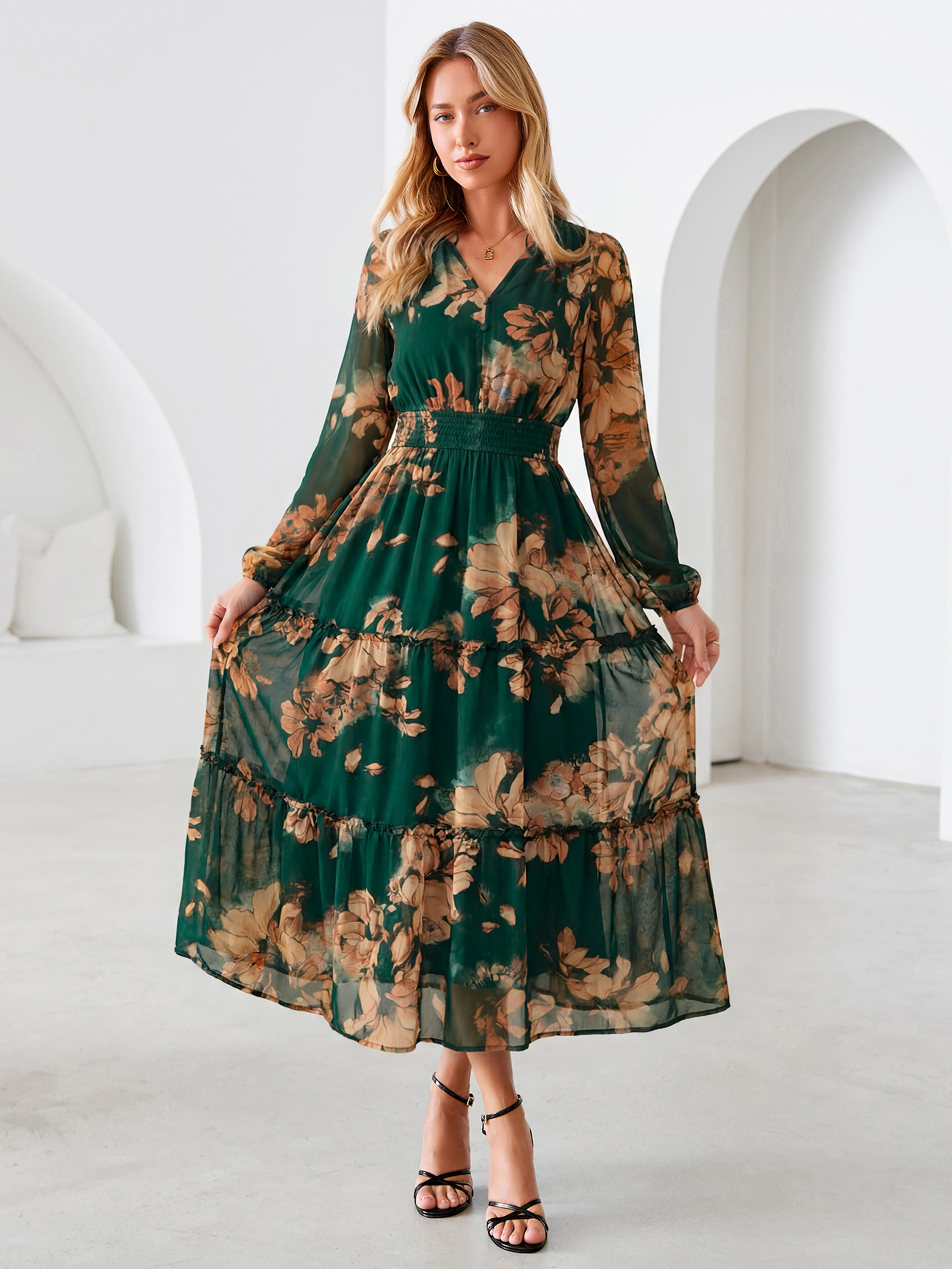 Floral Chiffon Button V Neck Tiered Maxi Dress