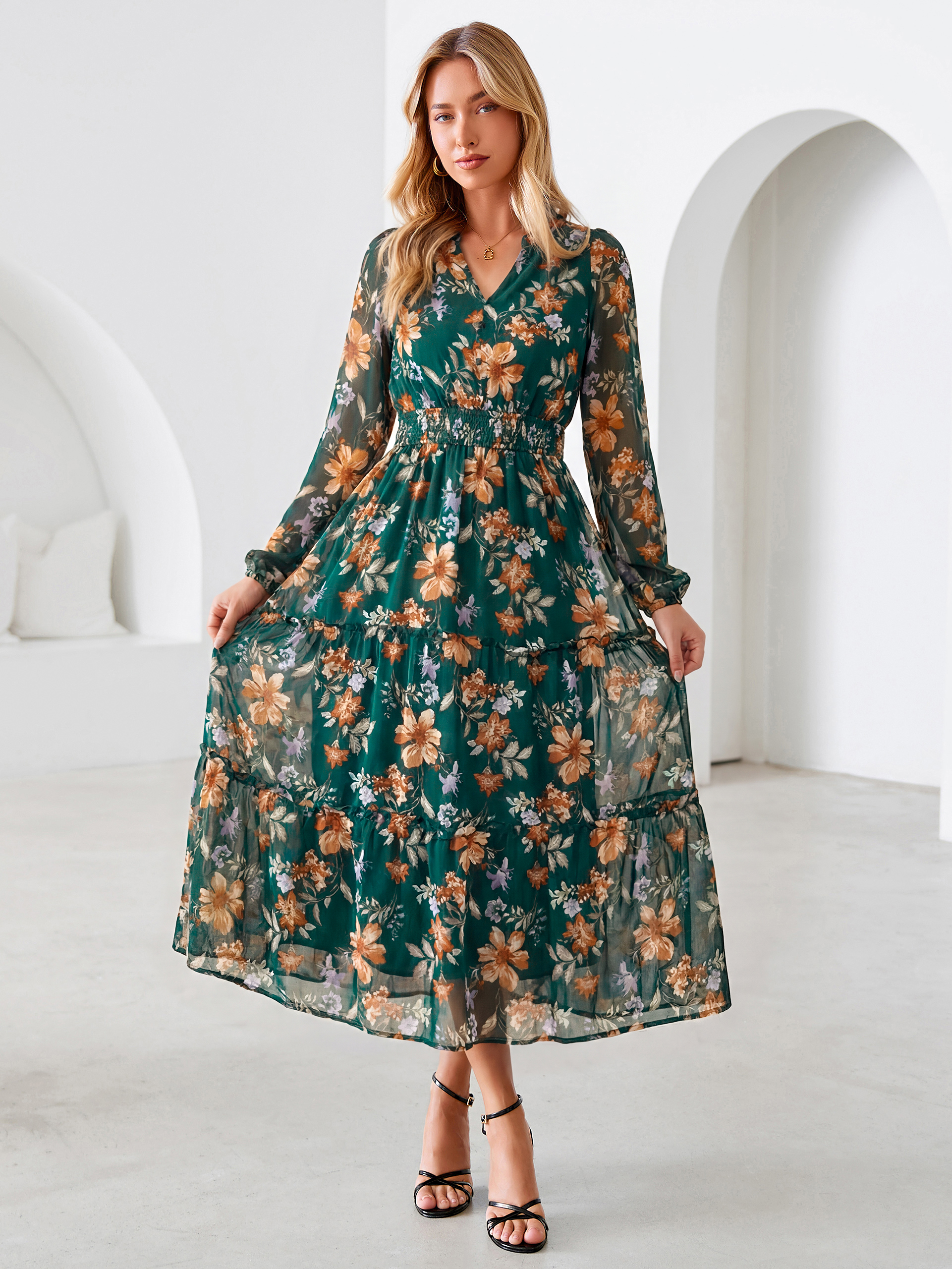 Floral Chiffon Button V Neck Tiered Maxi Dress