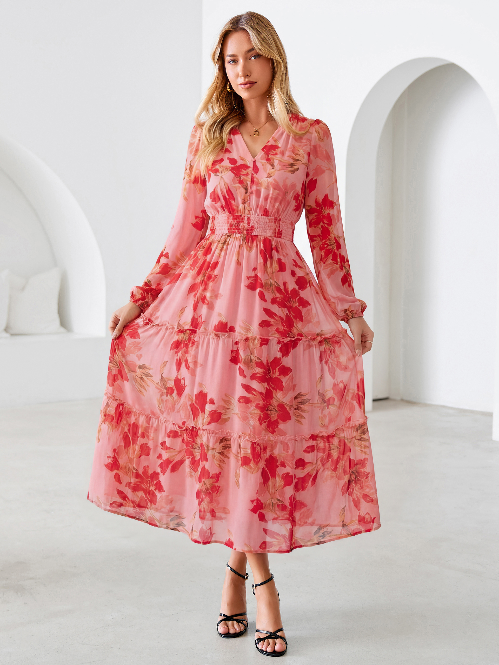 Floral Chiffon Button V Neck Tiered Maxi Dress