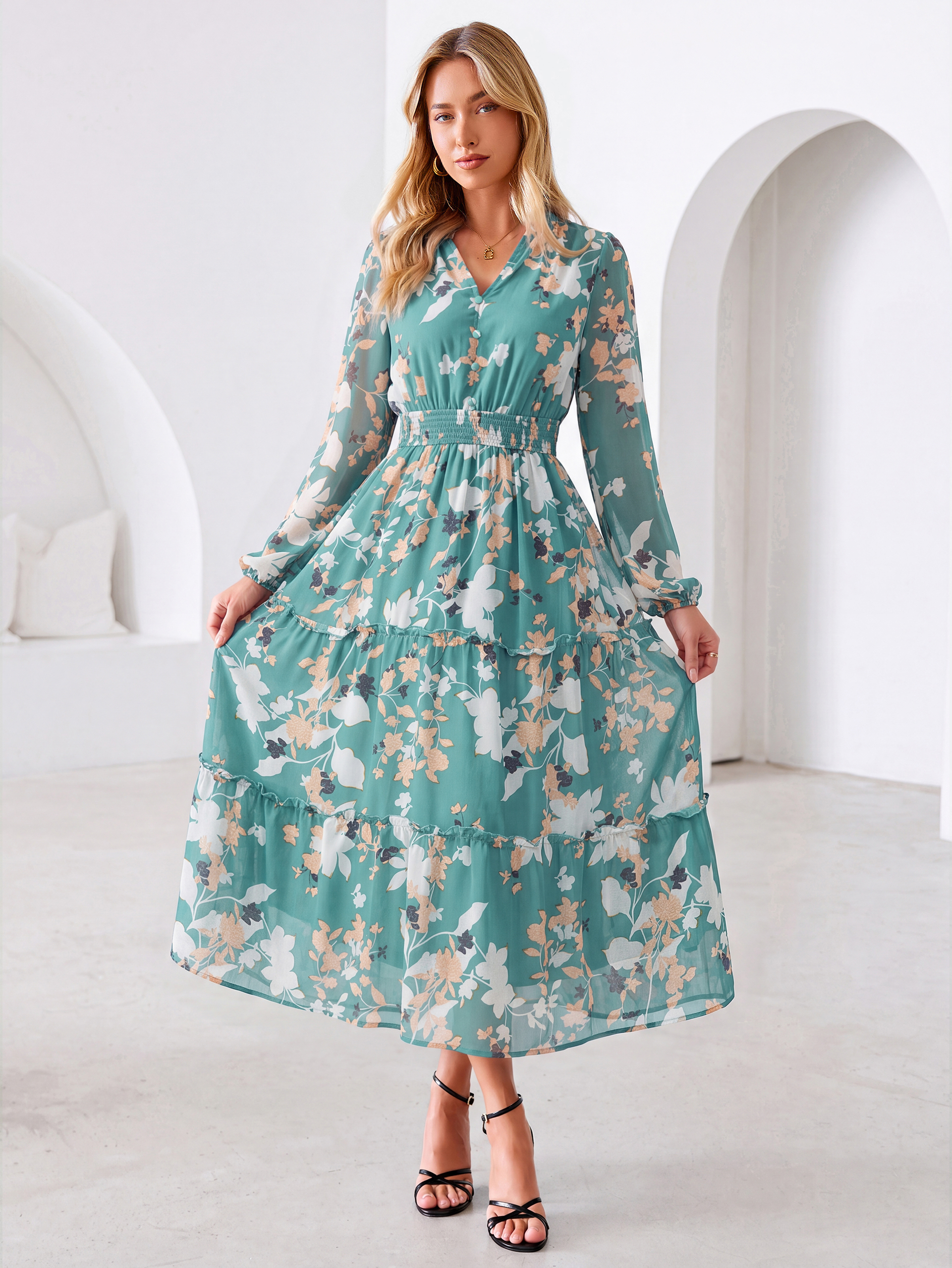 Floral Chiffon Button V Neck Tiered Maxi Dress