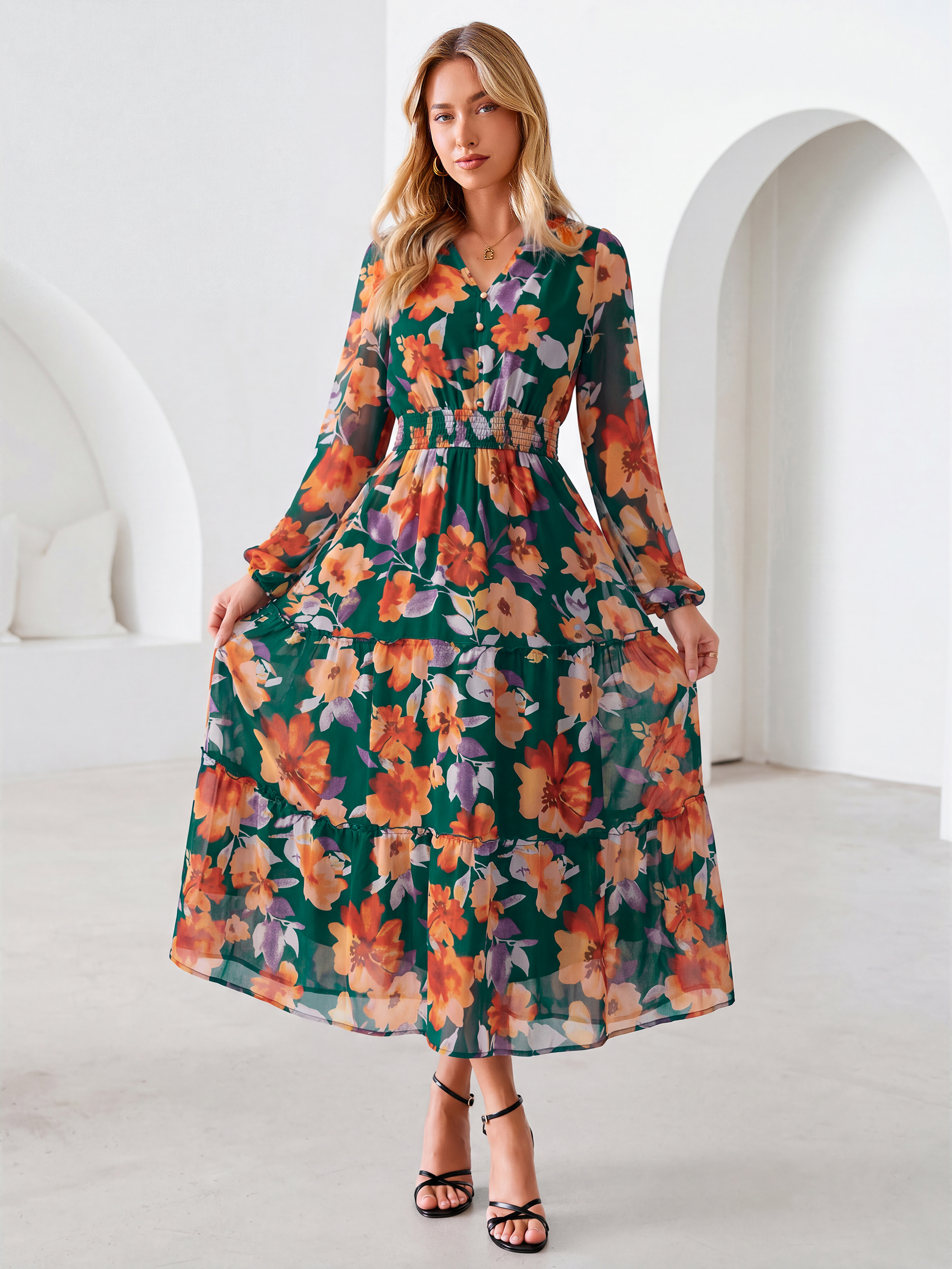 Floral Chiffon Button V Neck Tiered Maxi Dress