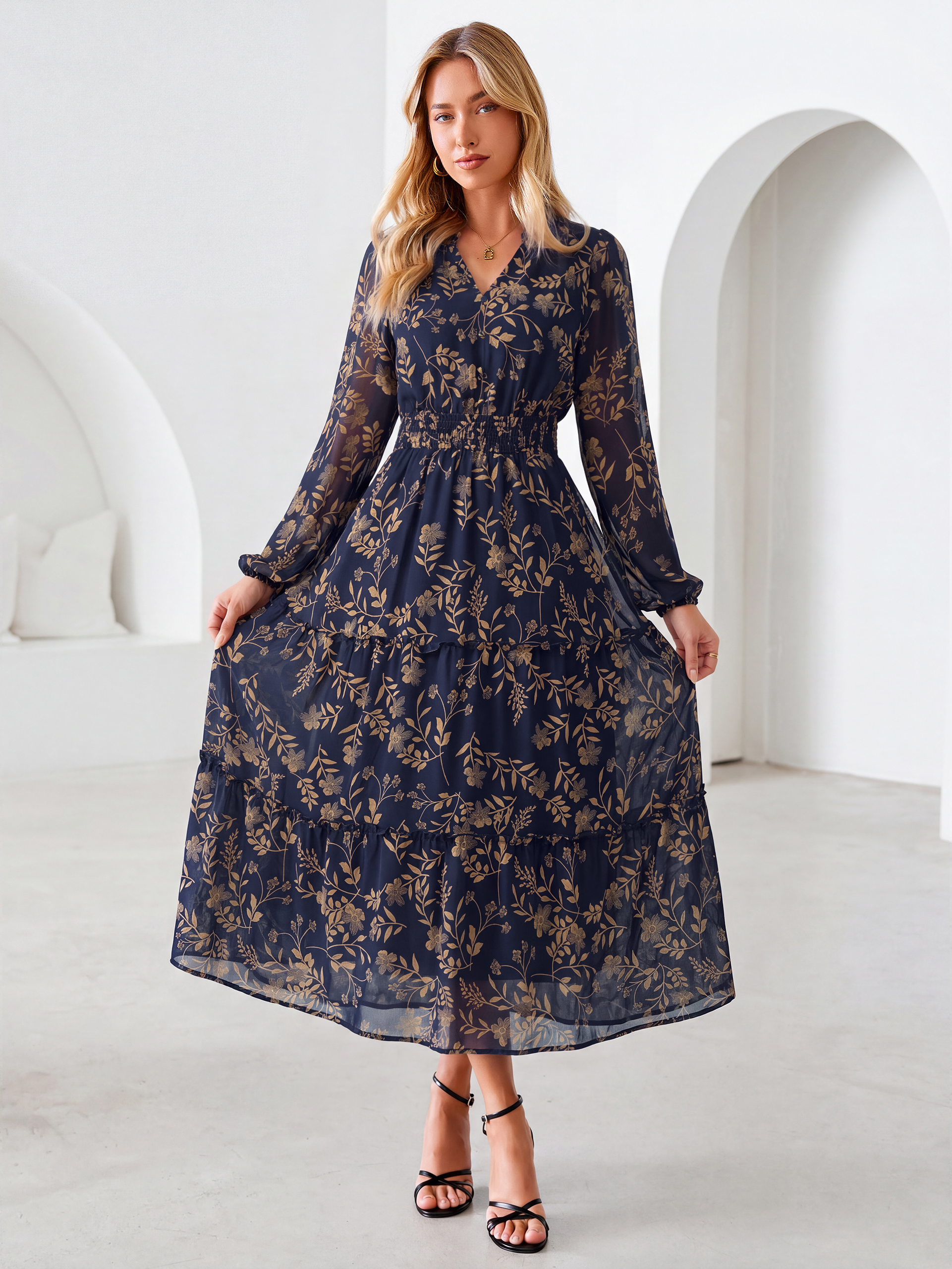 Floral Chiffon Button V Neck Tiered Maxi Dress