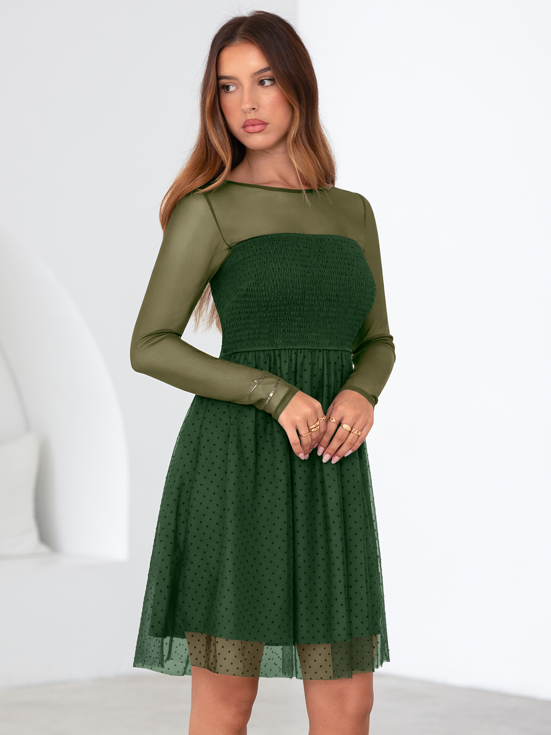 Long Sleeve Polka Dot Mesh Smocked Mini Dress