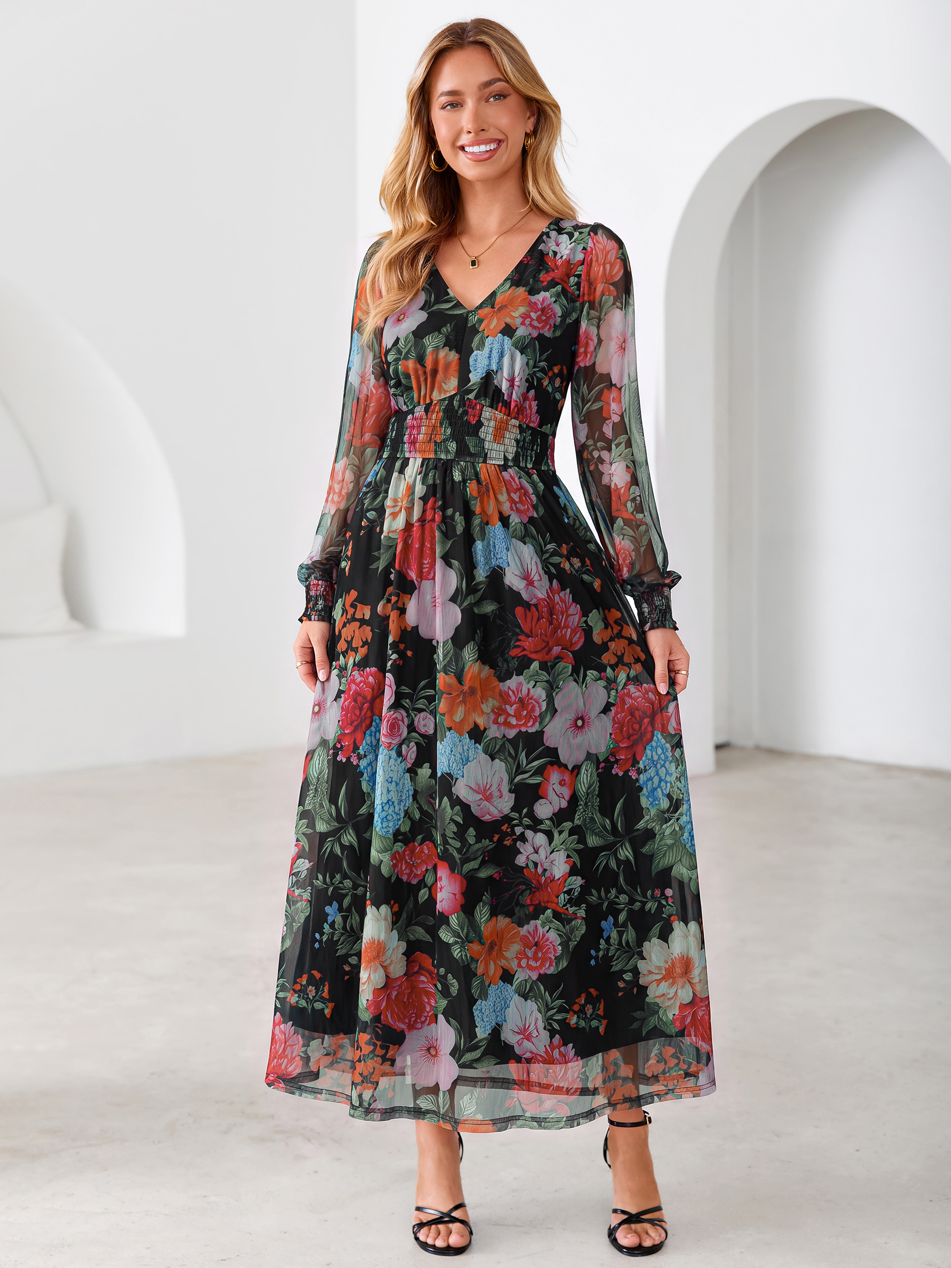 Romantic Floral Tulle Smocked Maxi Dress