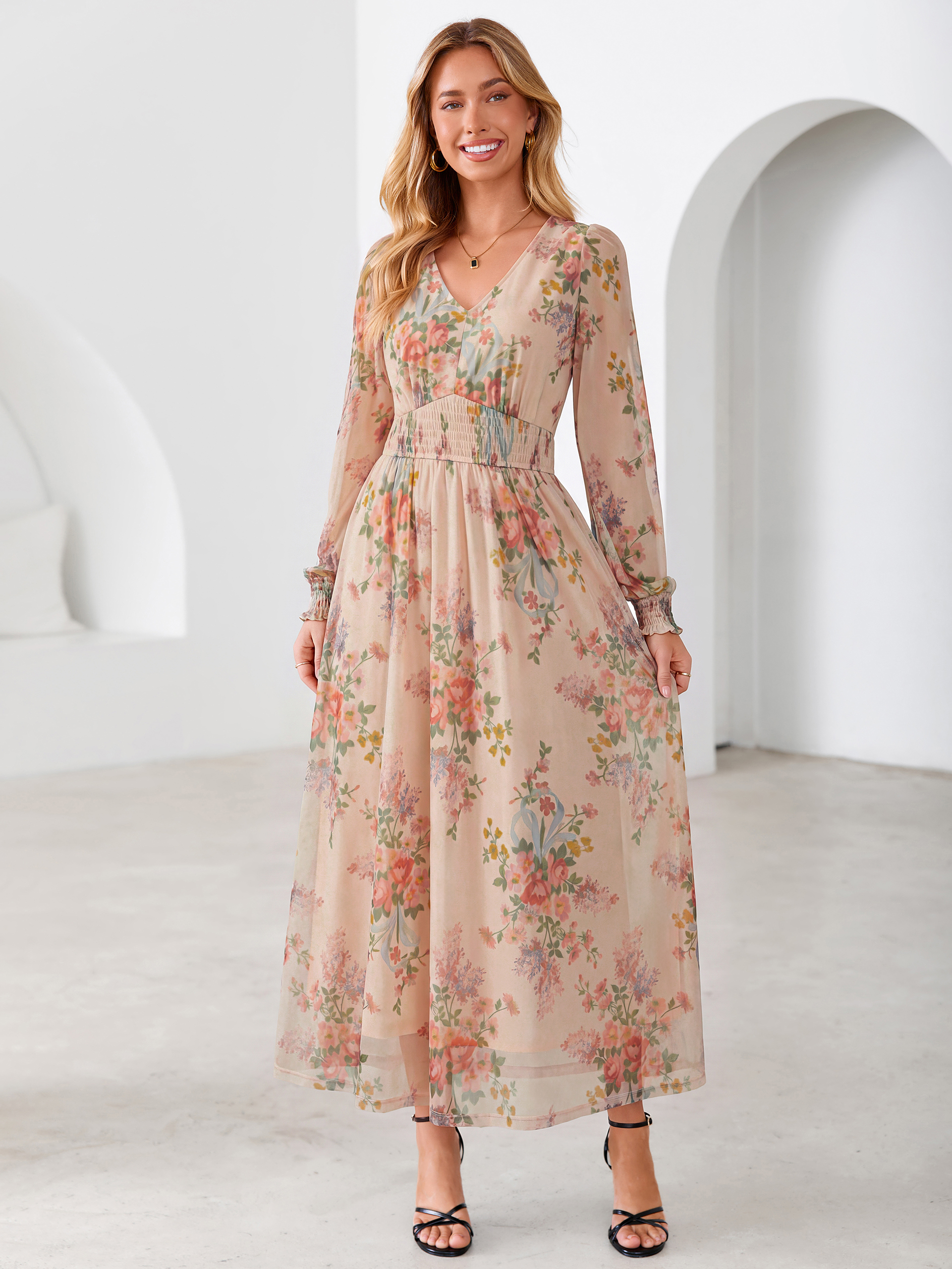 Romantic Floral Tulle Smocked Maxi Dress