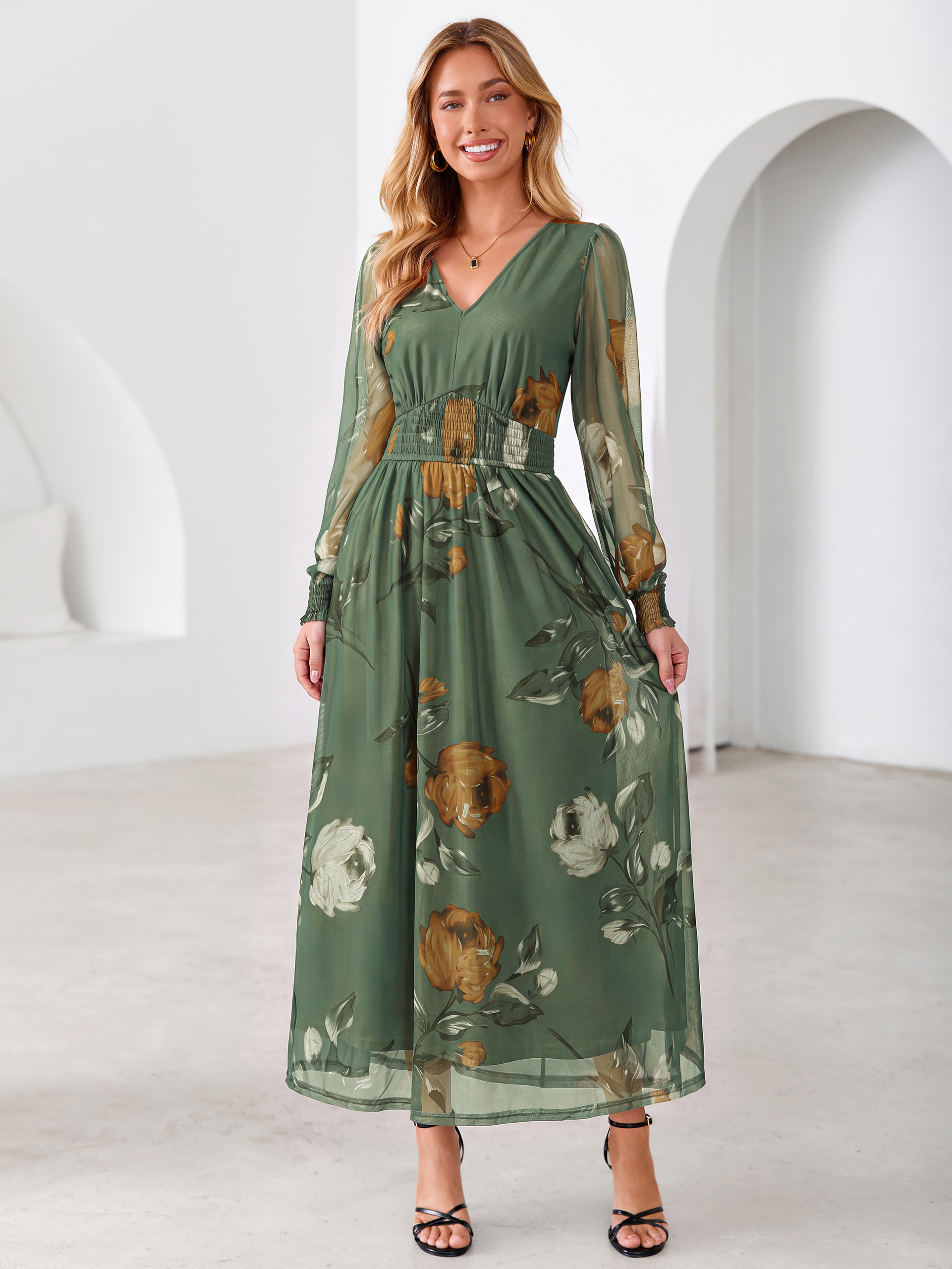 Romantic Floral Tulle Smocked Maxi Dress