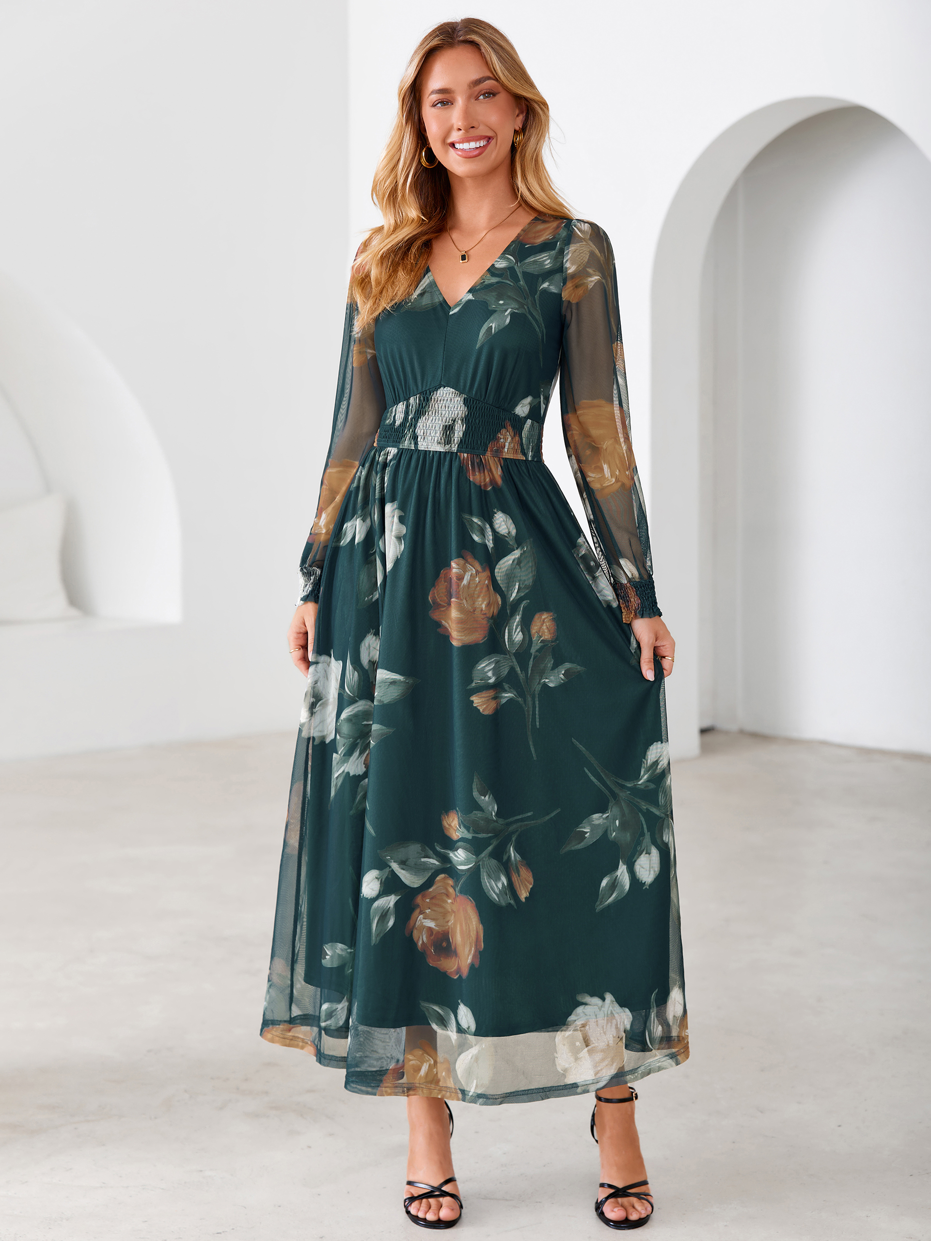 Romantic Floral Tulle Smocked Maxi Dress
