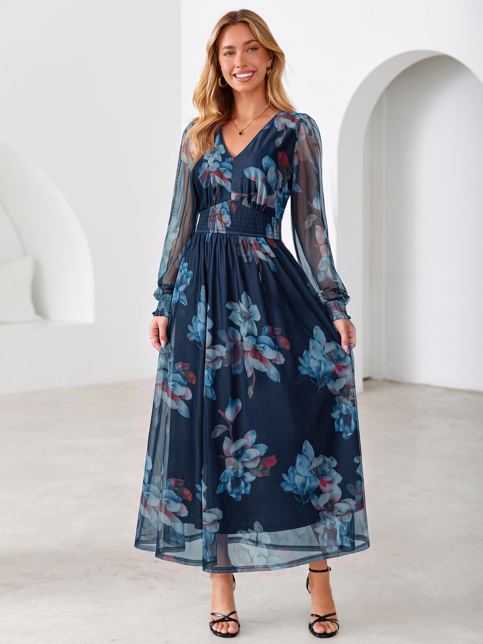 Romantic Floral Tulle Smocked Maxi Dress