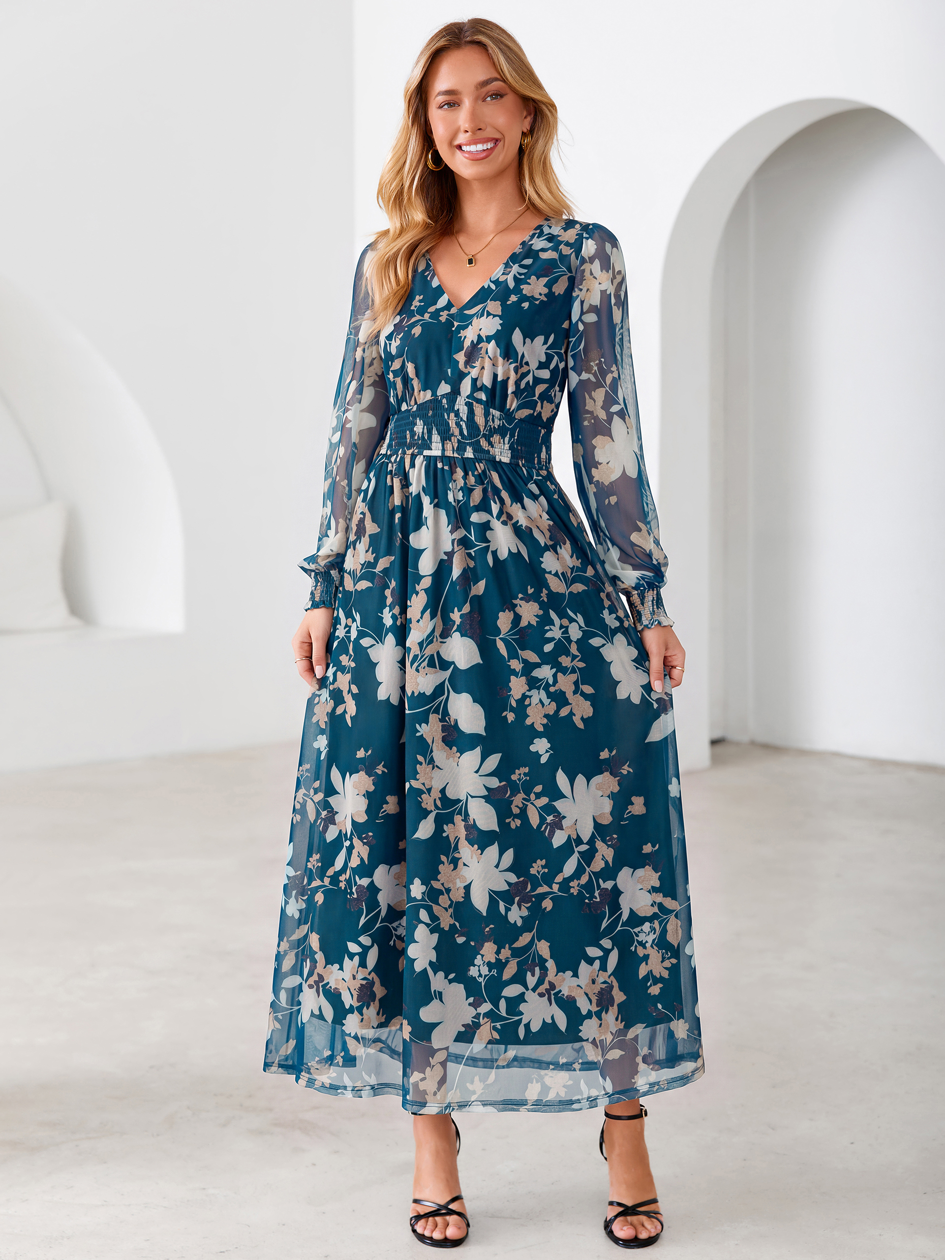 Romantic Floral Tulle Smocked Maxi Dress