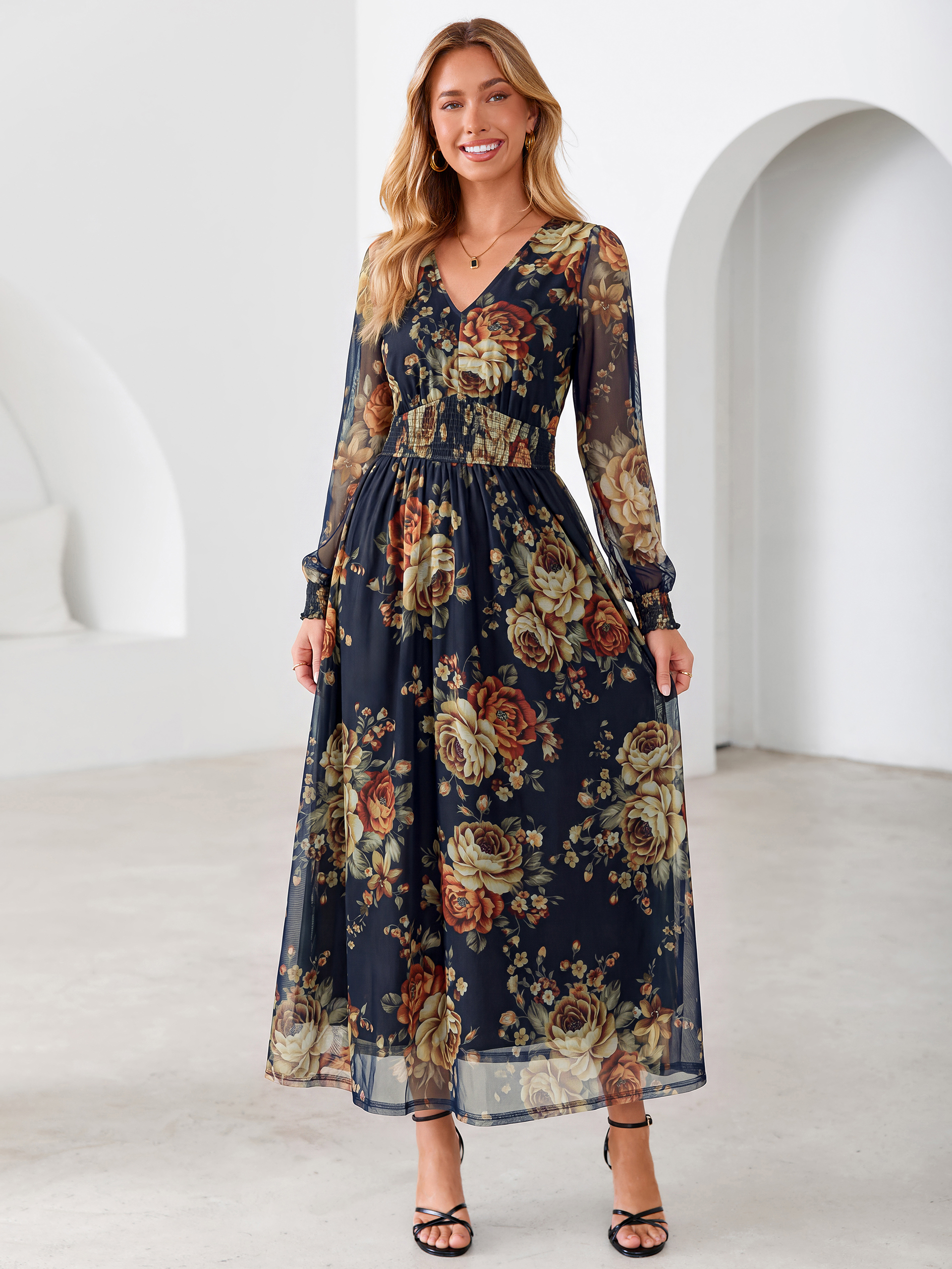 Romantic Floral Tulle Smocked Maxi Dress