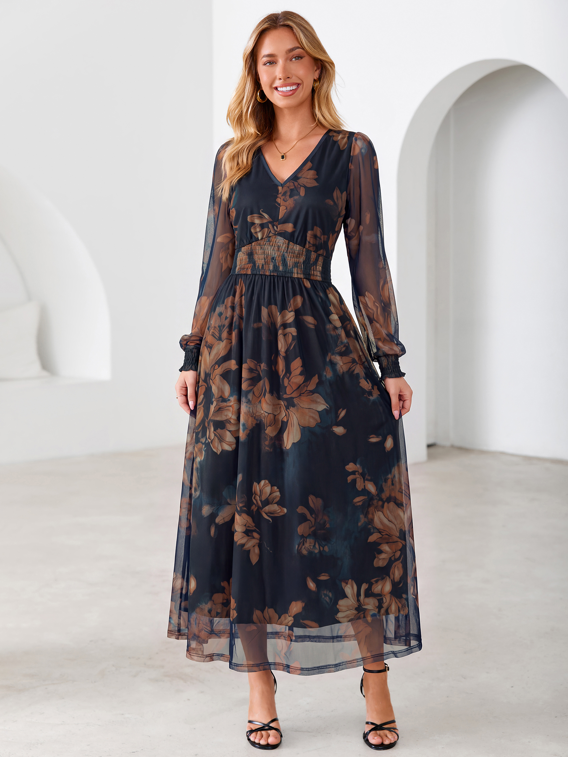 Romantic Floral Tulle Smocked Maxi Dress