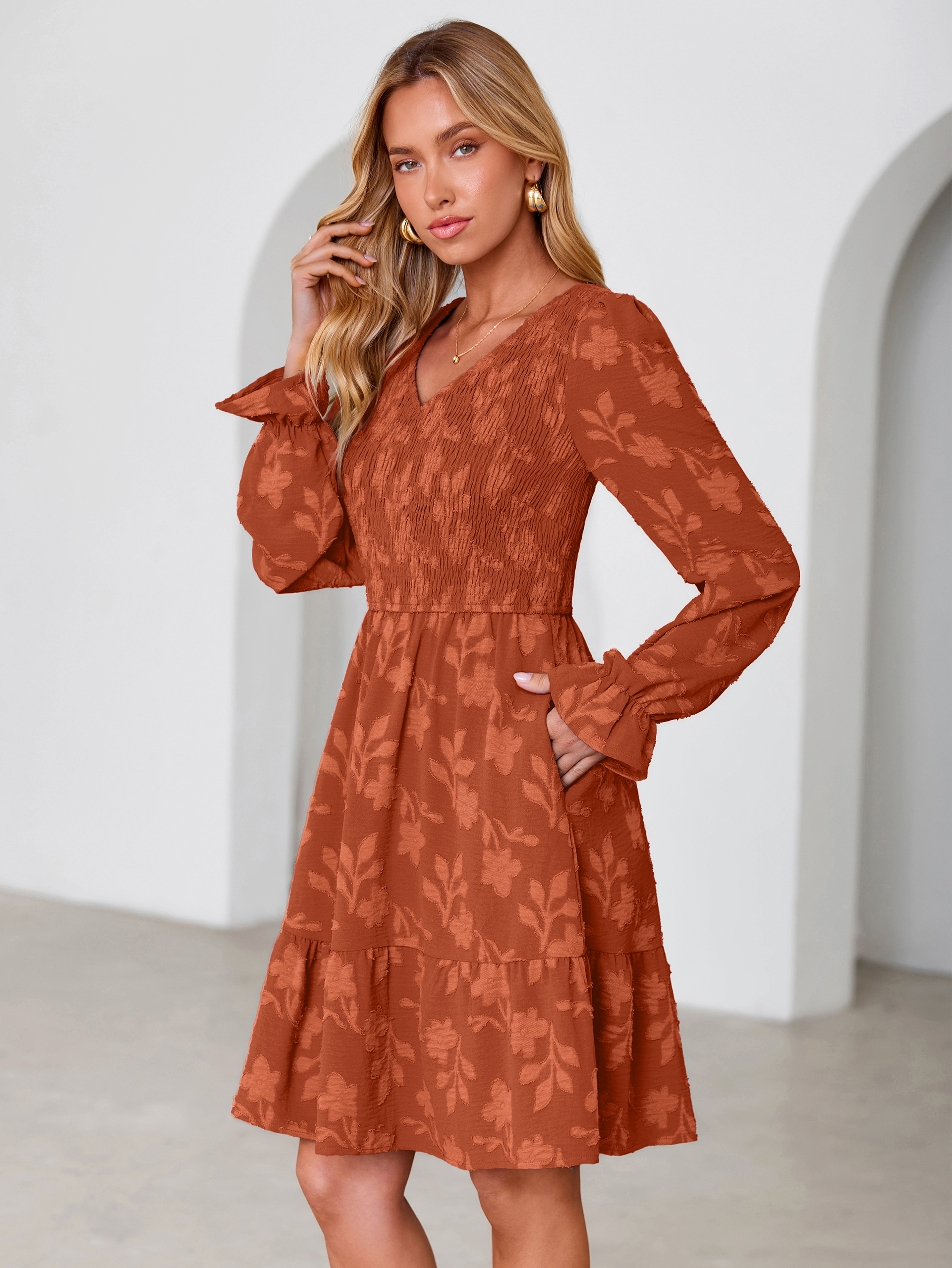 Floral Textured Smocked V Neck A Line Mini Dress