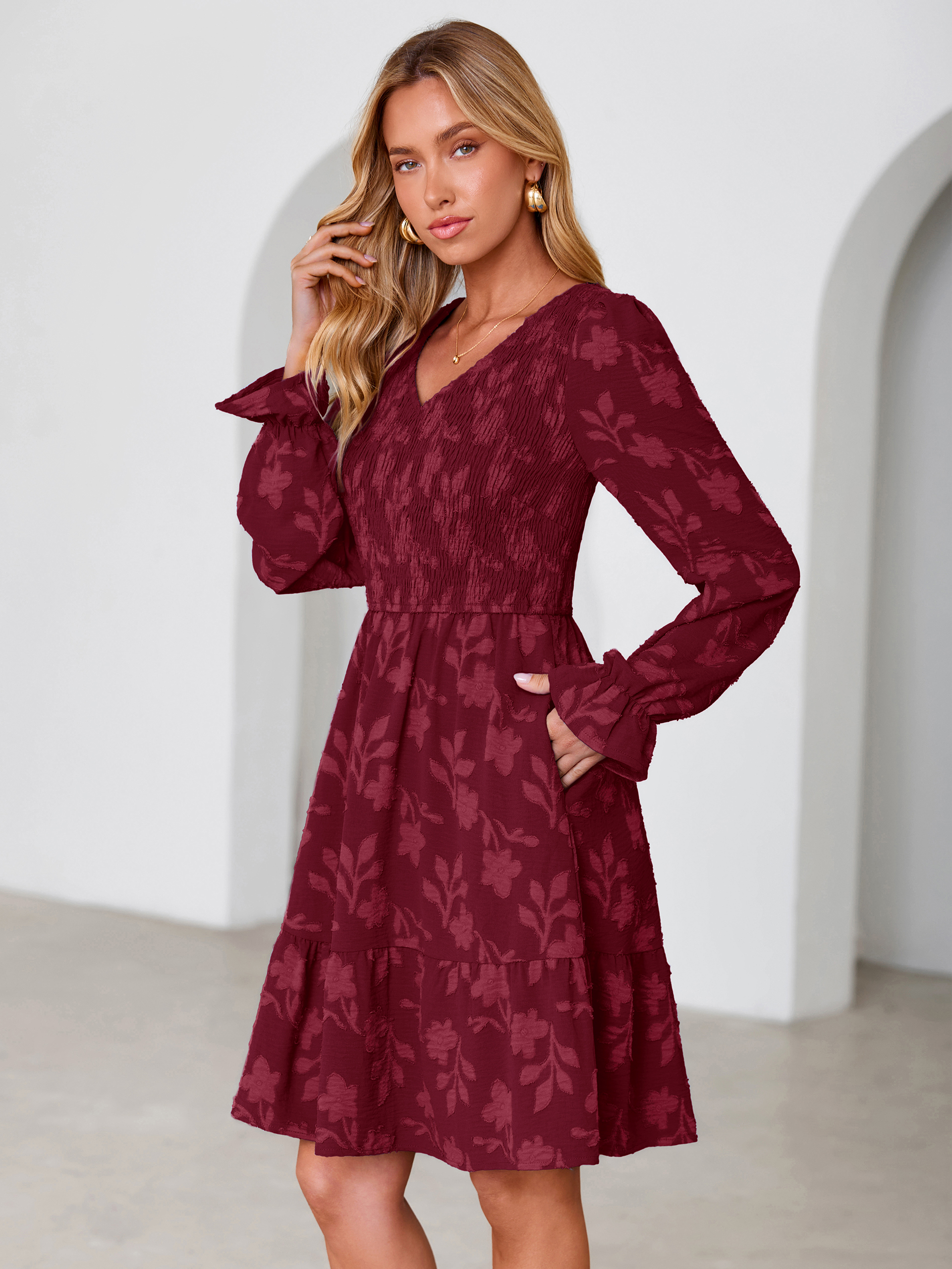 Floral Textured Smocked V Neck A Line Mini Dress