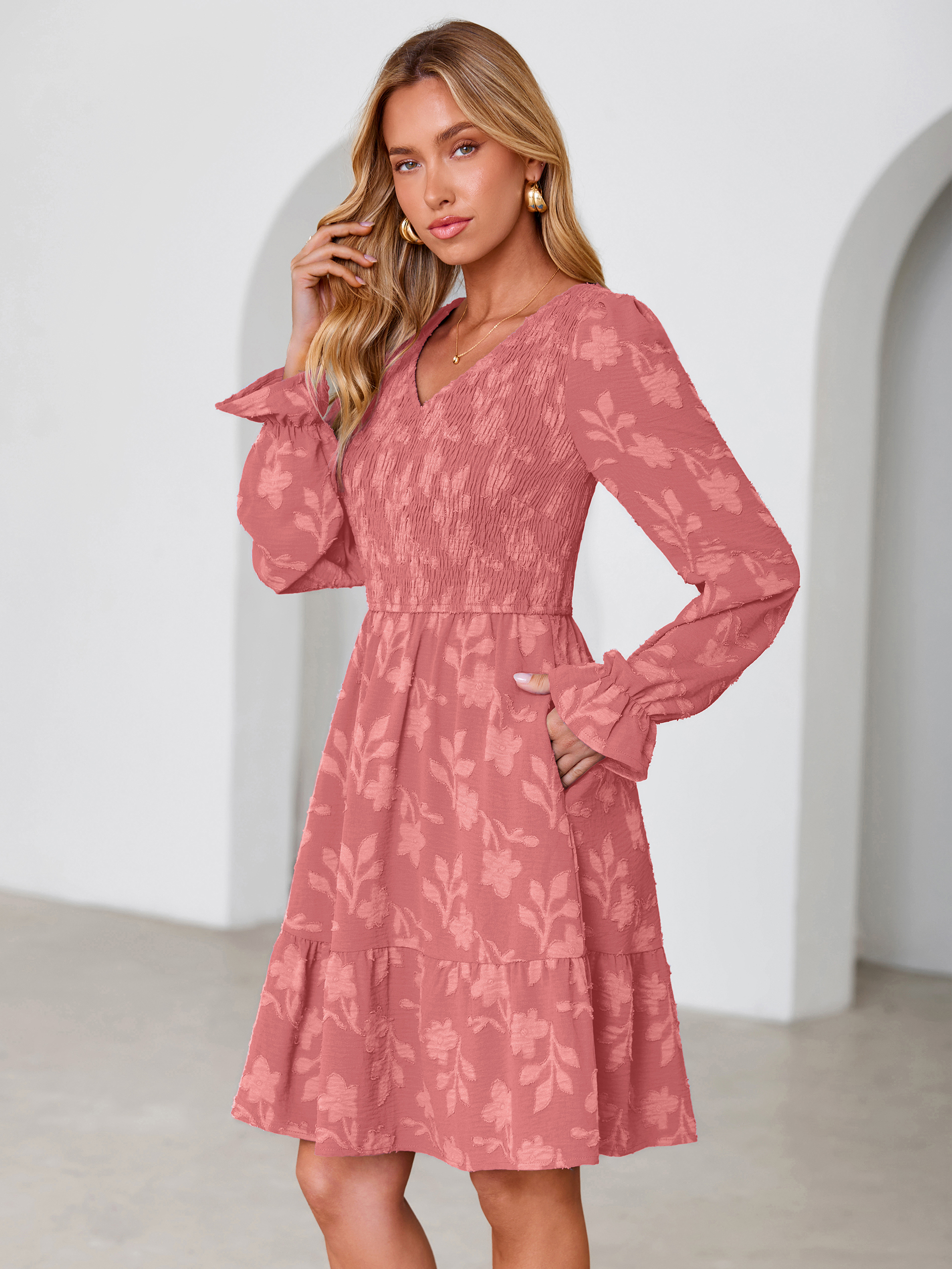 Floral Textured Smocked V Neck A Line Mini Dress