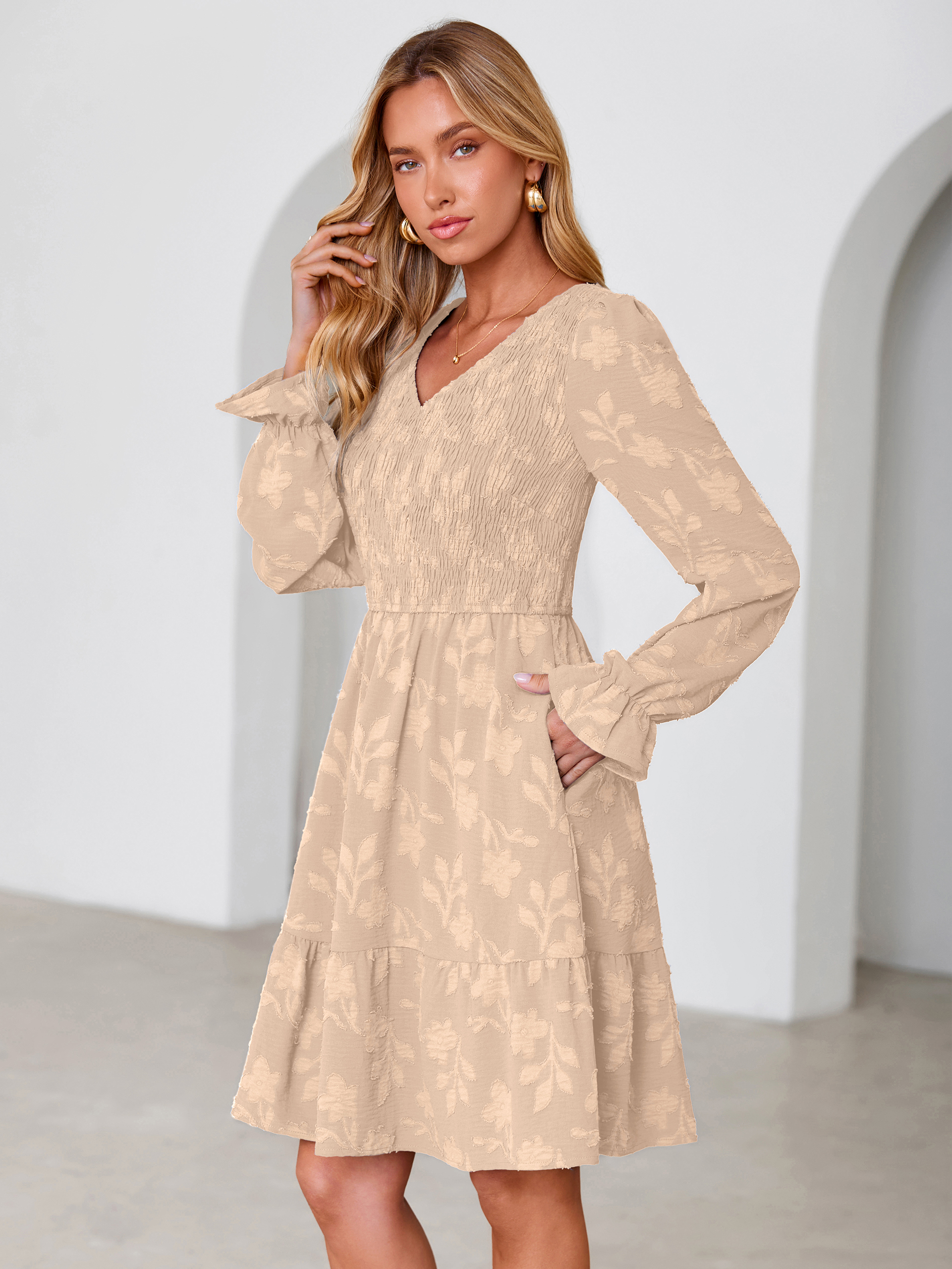 Floral Textured Smocked V Neck A Line Mini Dress