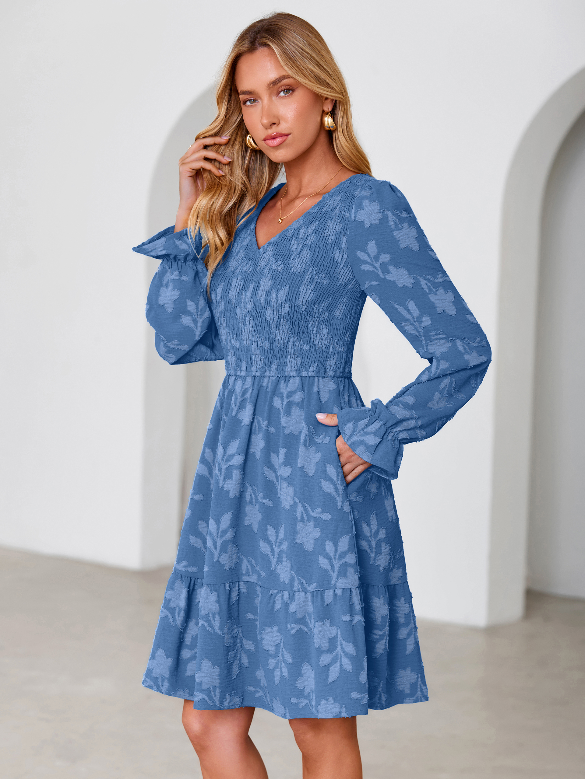 Floral Textured Smocked V Neck A Line Mini Dress
