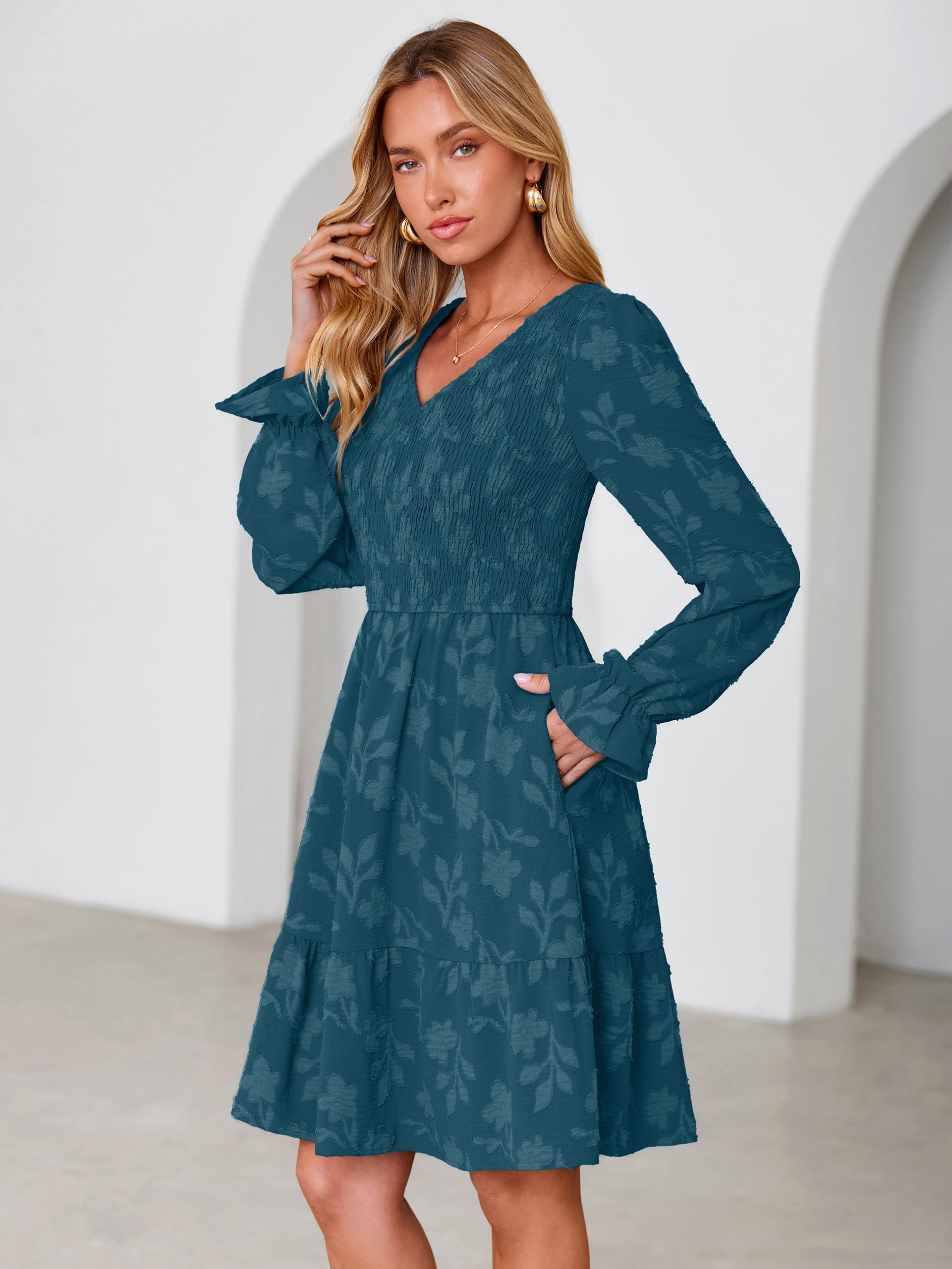 Floral Textured Smocked V Neck A Line Mini Dress