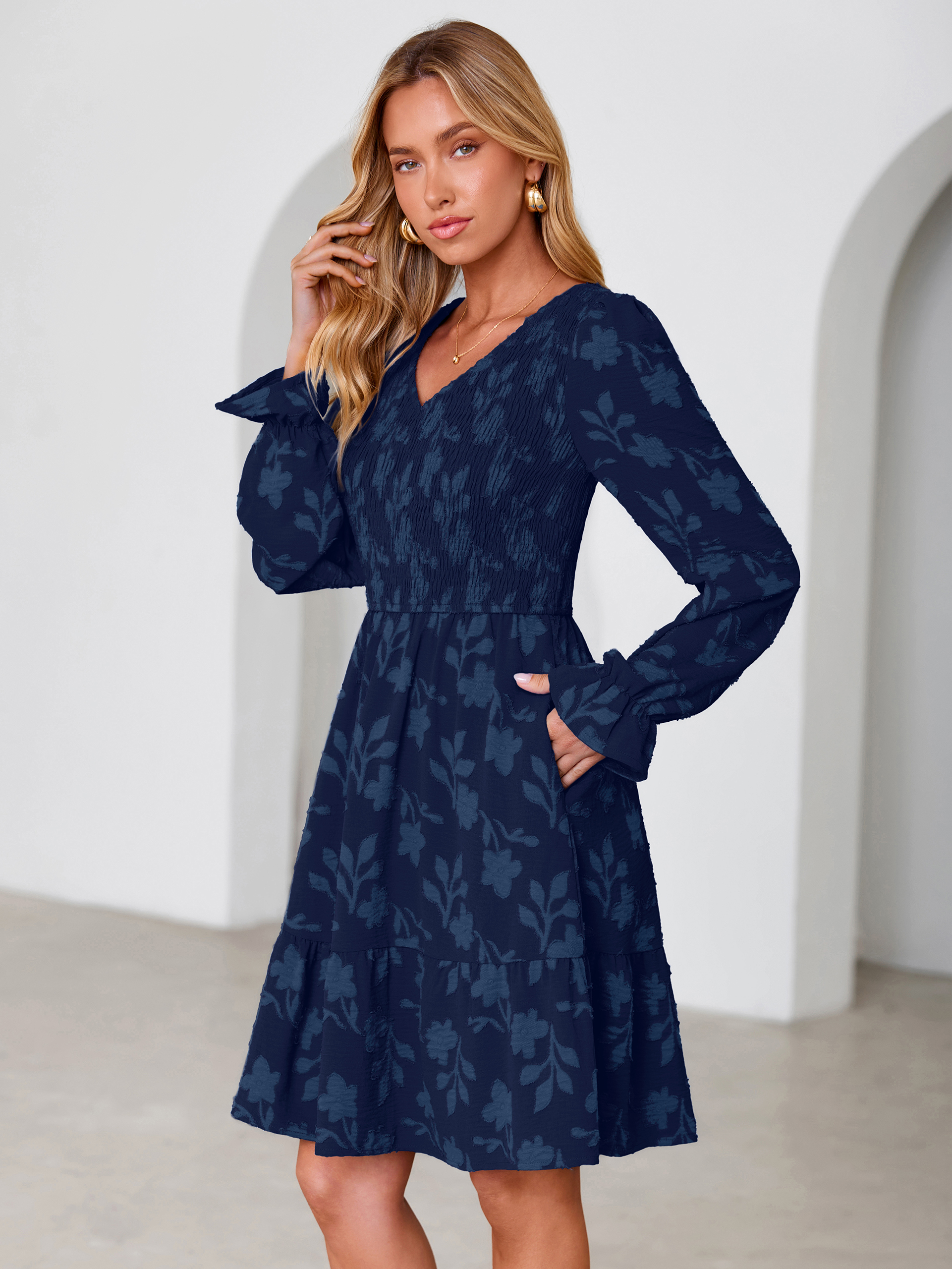 Floral Textured Smocked V Neck A Line Mini Dress