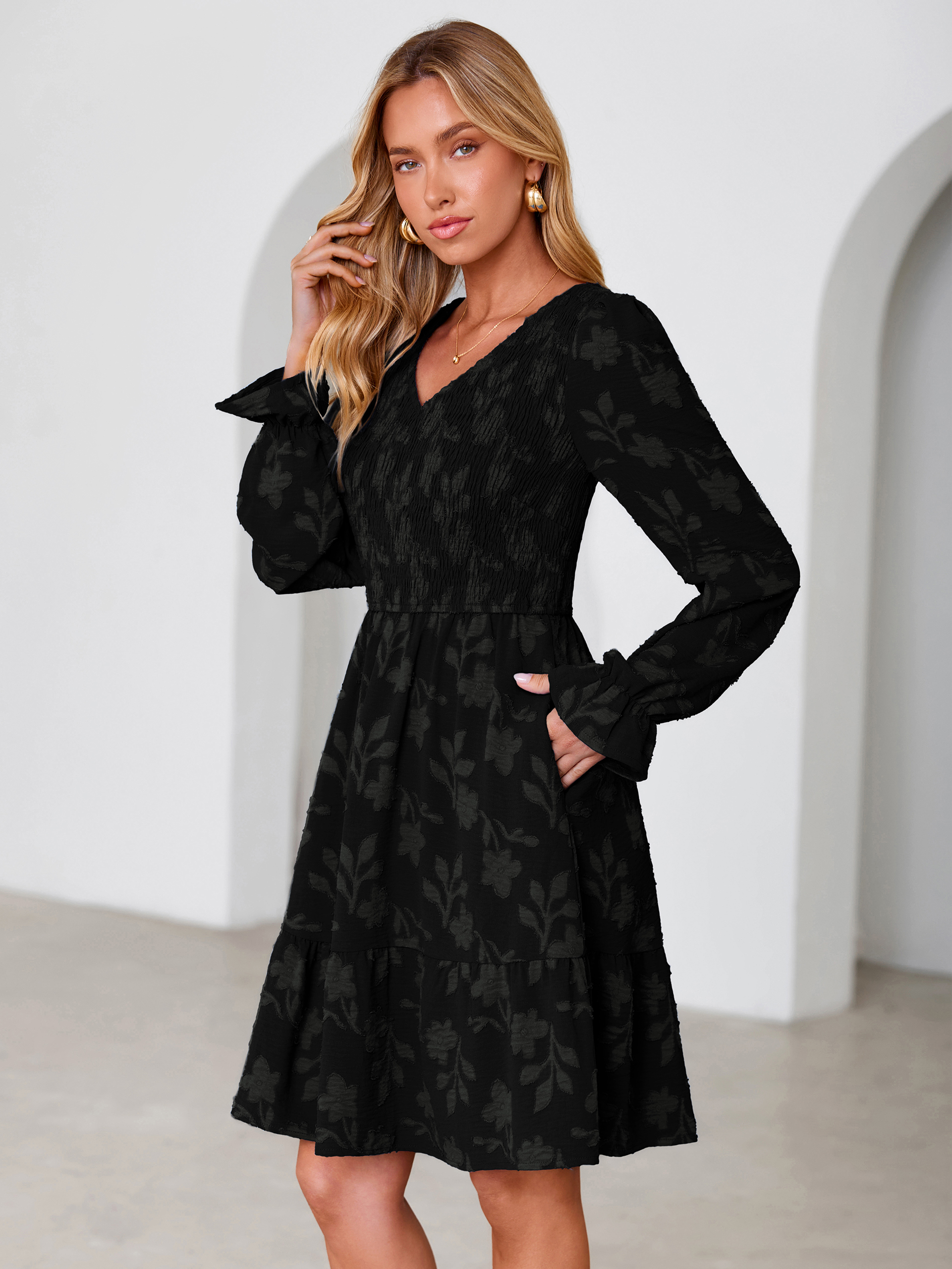 Floral Textured Smocked V Neck A Line Mini Dress