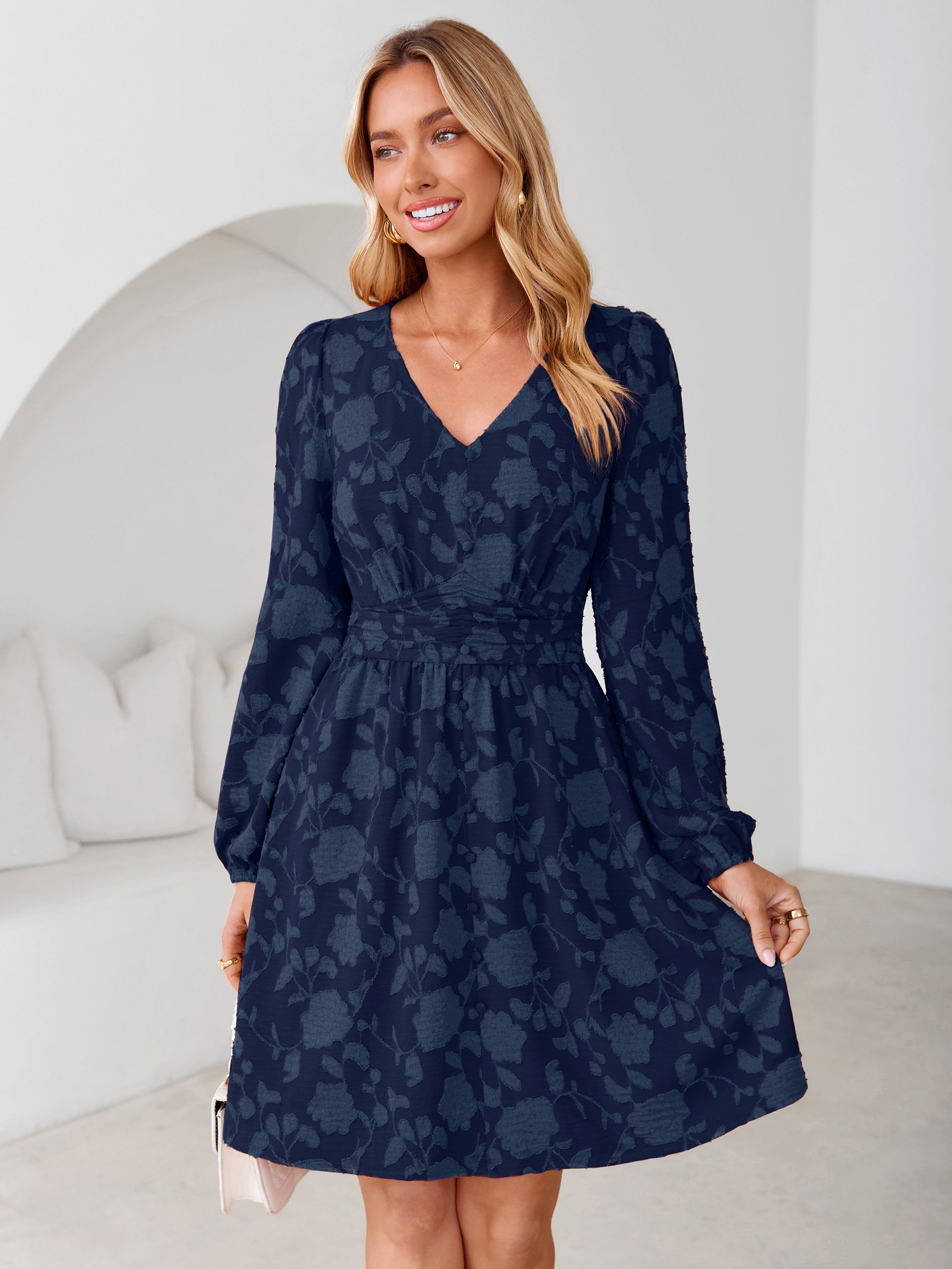 Floral Burnout Puff Sleeve Smocked Mini Dress - Navy Blue