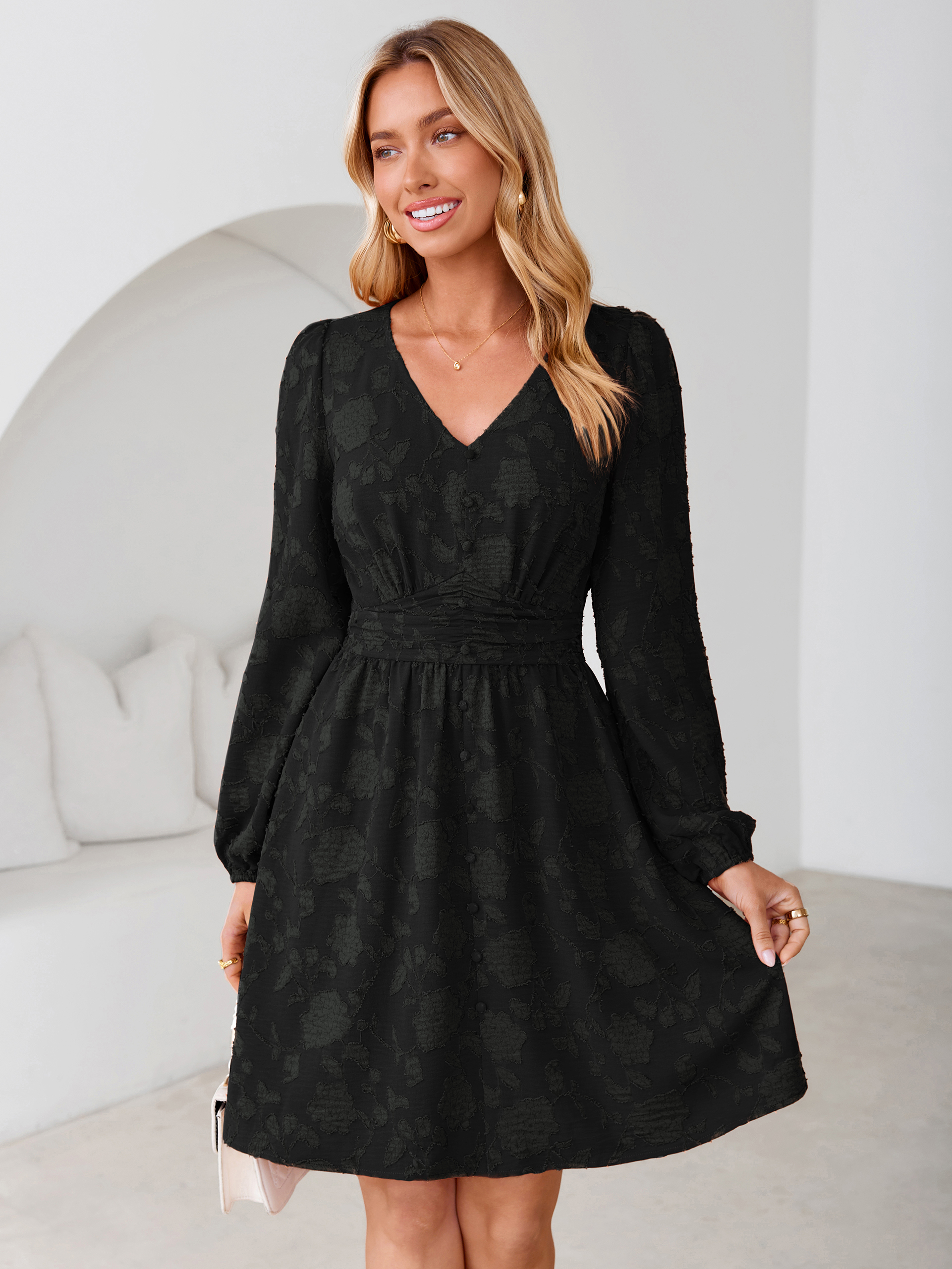 Floral Burnout Puff Sleeve Smocked Mini Dress - Black