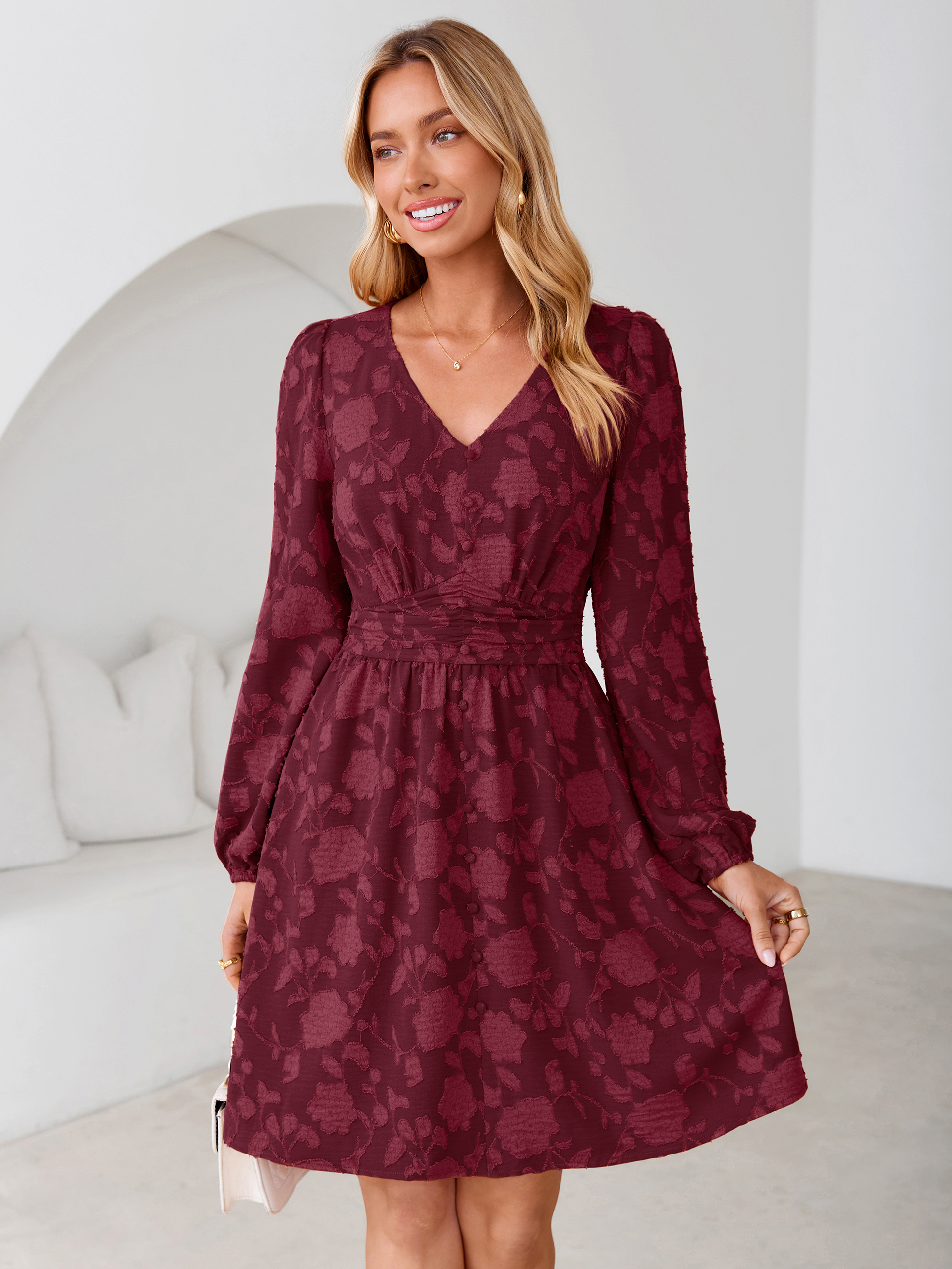 Floral Burnout Puff Sleeve Smocked Mini Dress - Wine Red