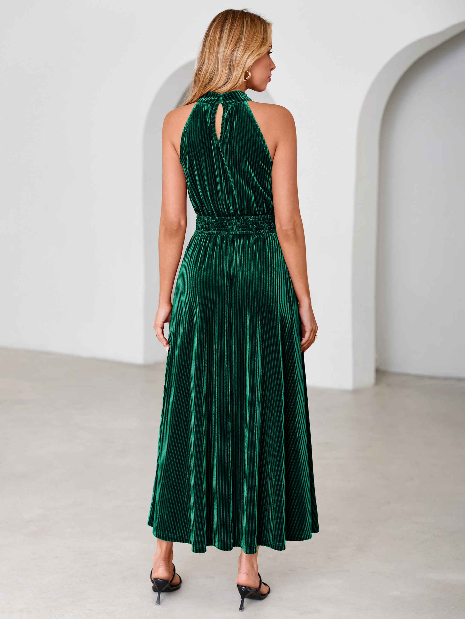 Ribbed Velvet Halter Smocked Maxi Dress