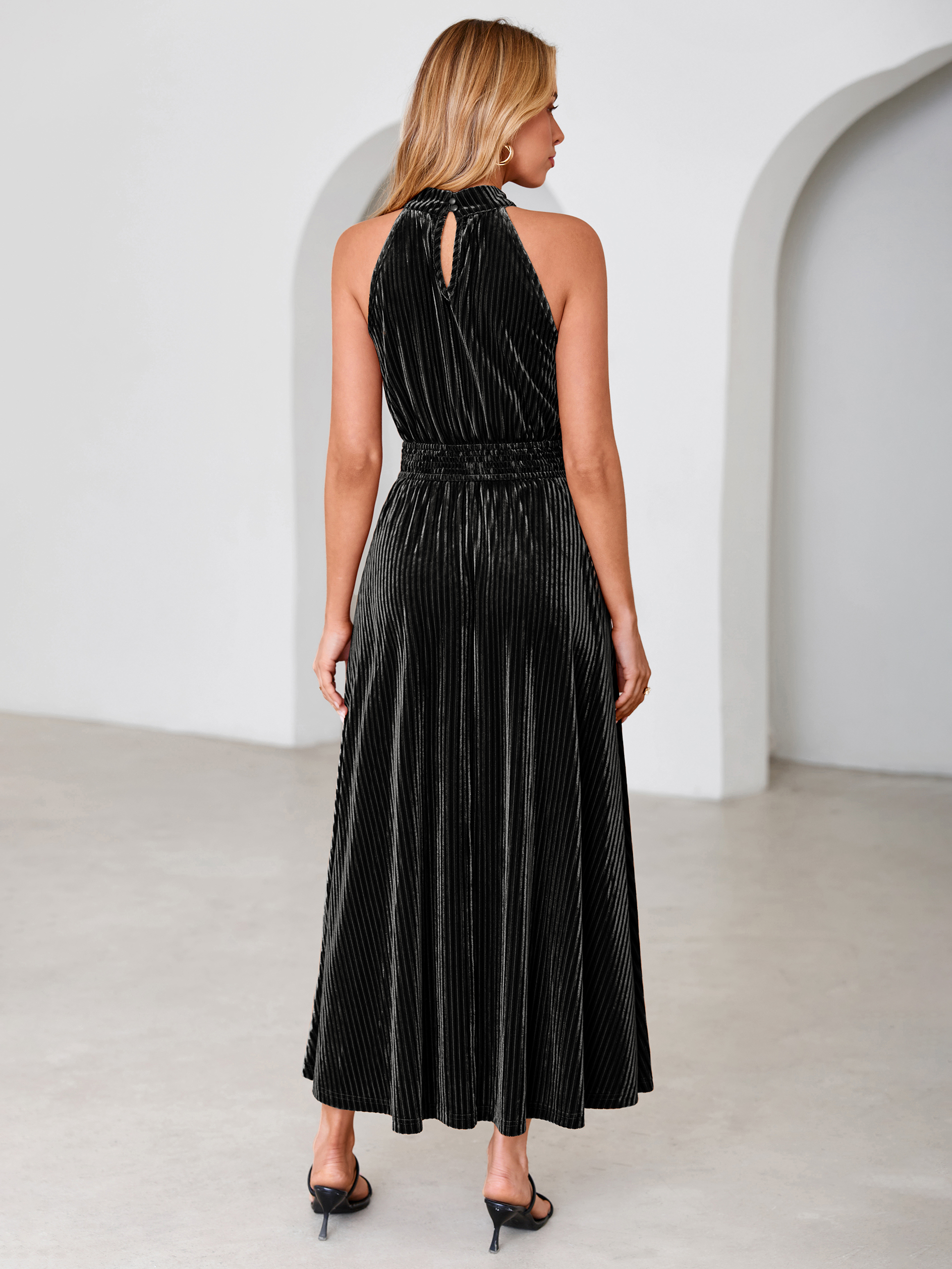 Ribbed Velvet Halter Smocked Maxi Dress
