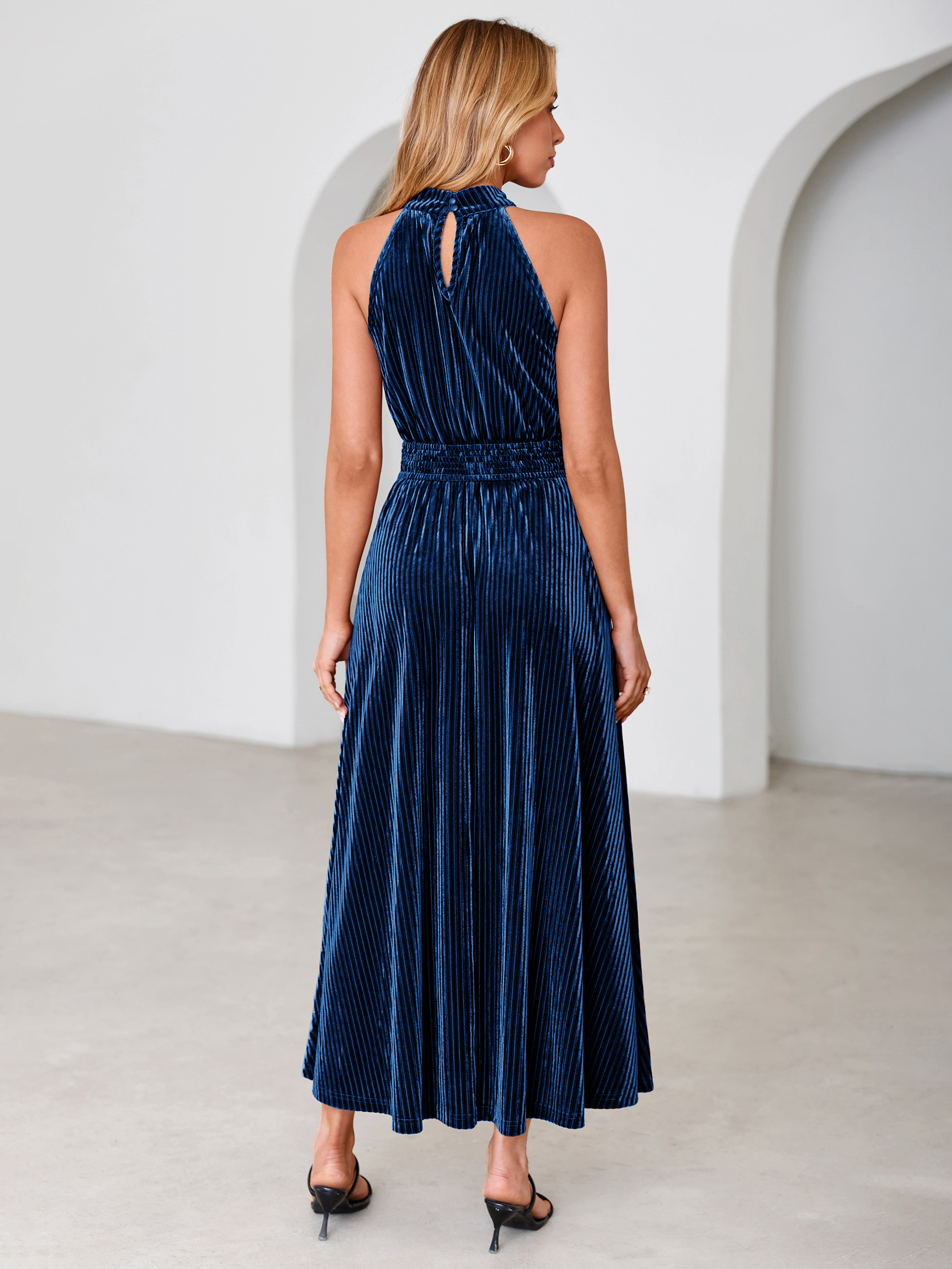 Ribbed Velvet Halter Smocked Maxi Dress