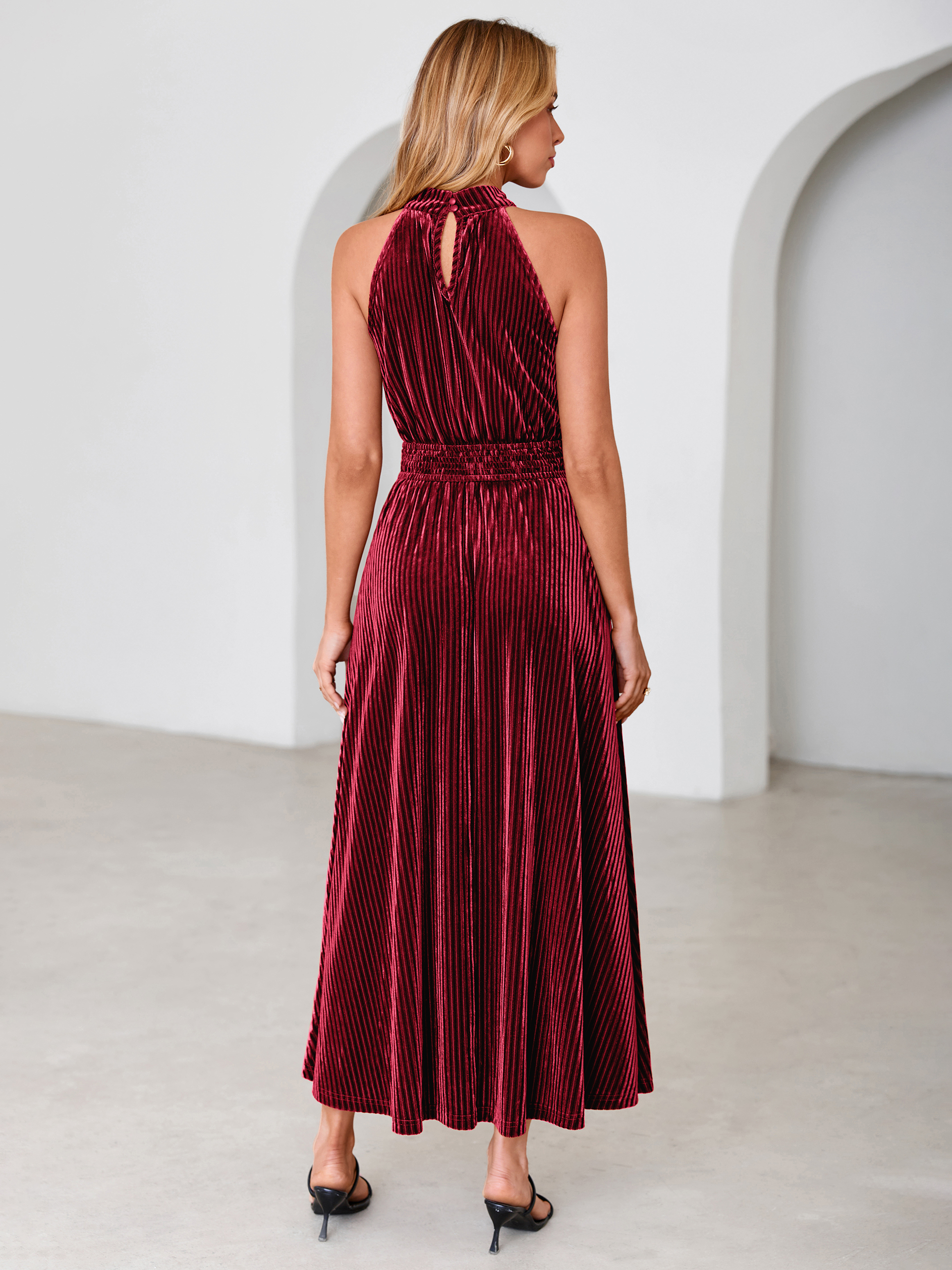 Ribbed Velvet Halter Smocked Maxi Dress