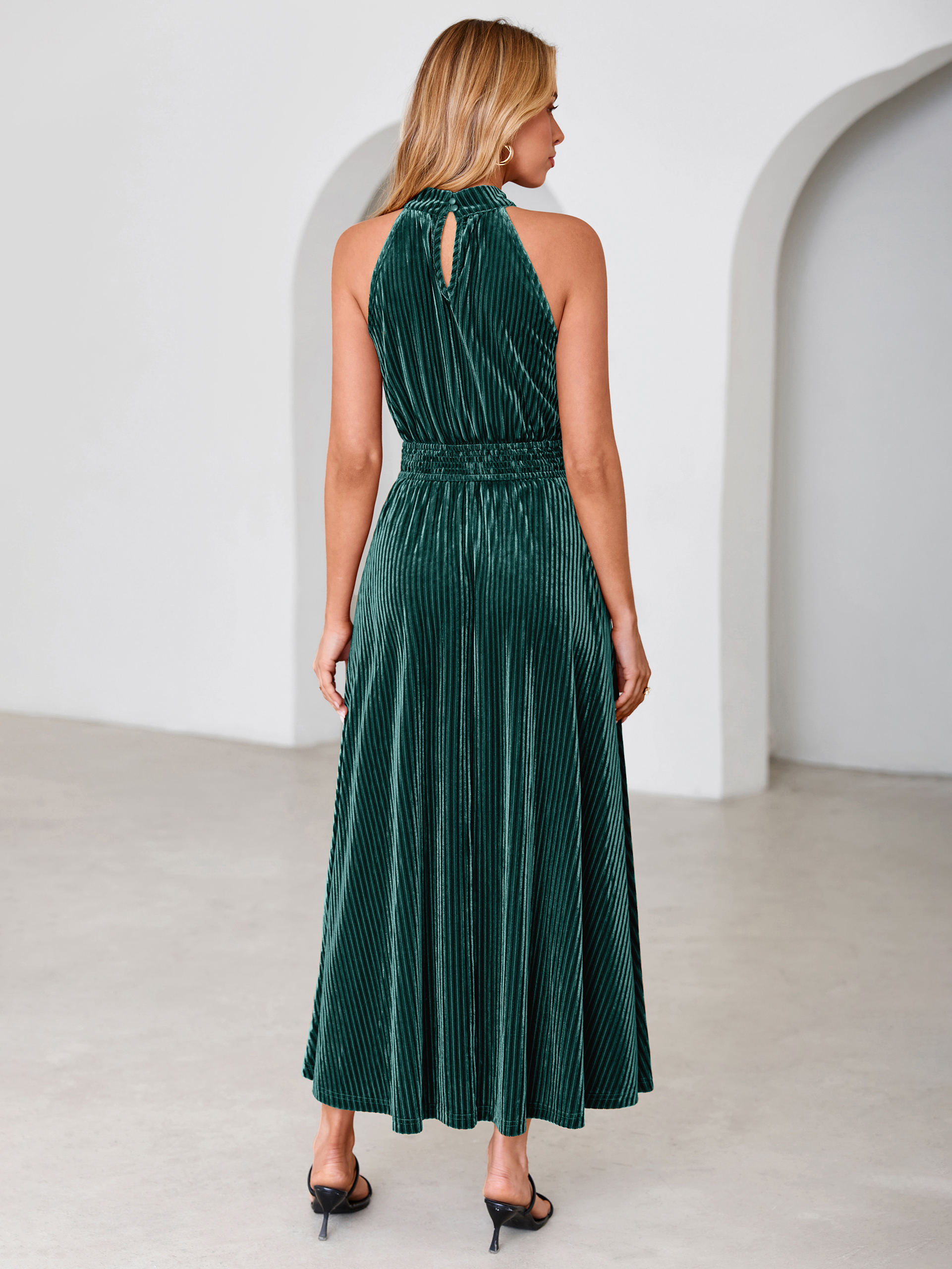 Ribbed Velvet Halter Smocked Maxi Dress